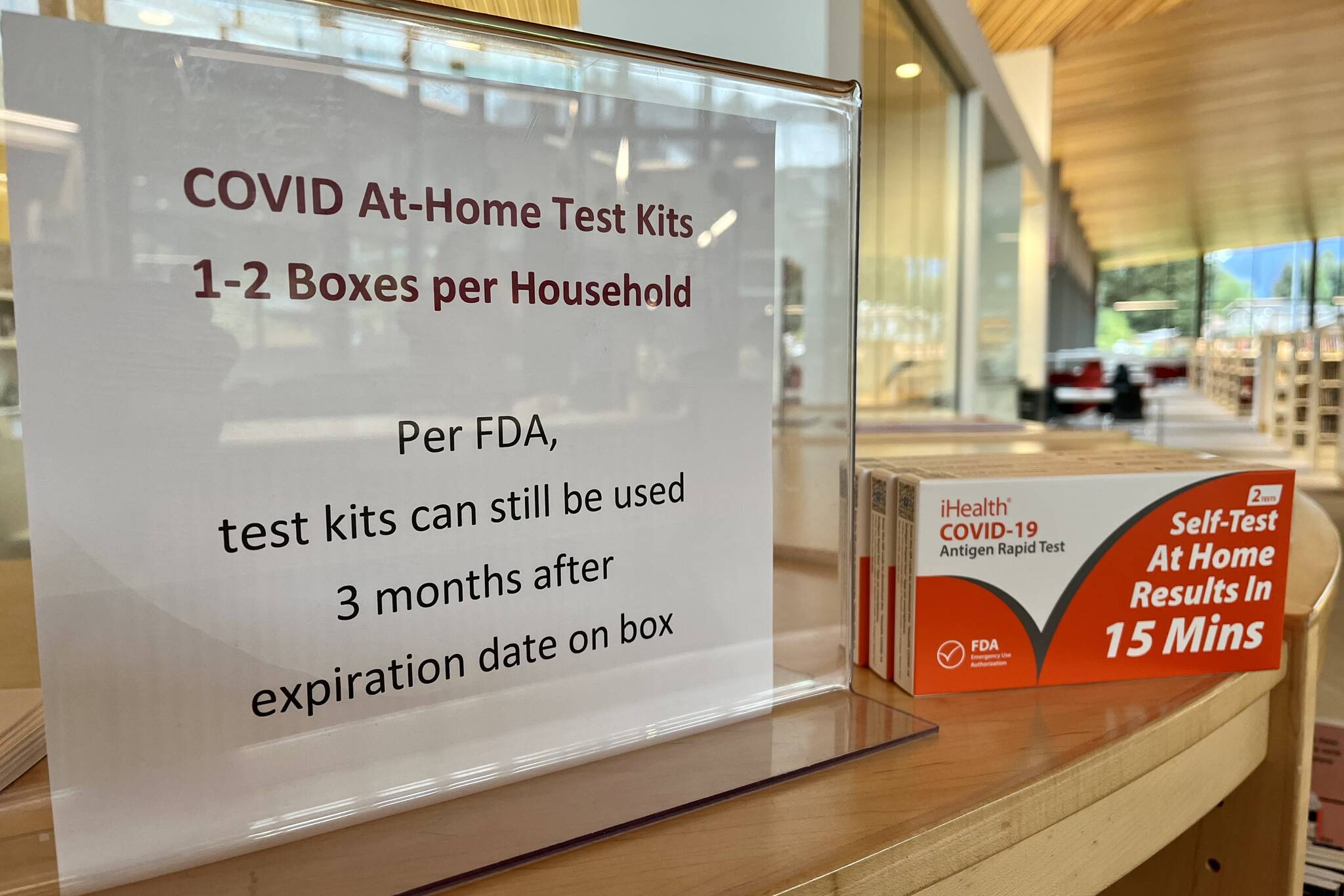 Since the closing of Capstone Clinics throughout the state, rapid antigen self-tests have become more popular and available as featured in this photo at the Mendenhall Valley Public Library. (Jonson Kuhn / Juneau Empire)