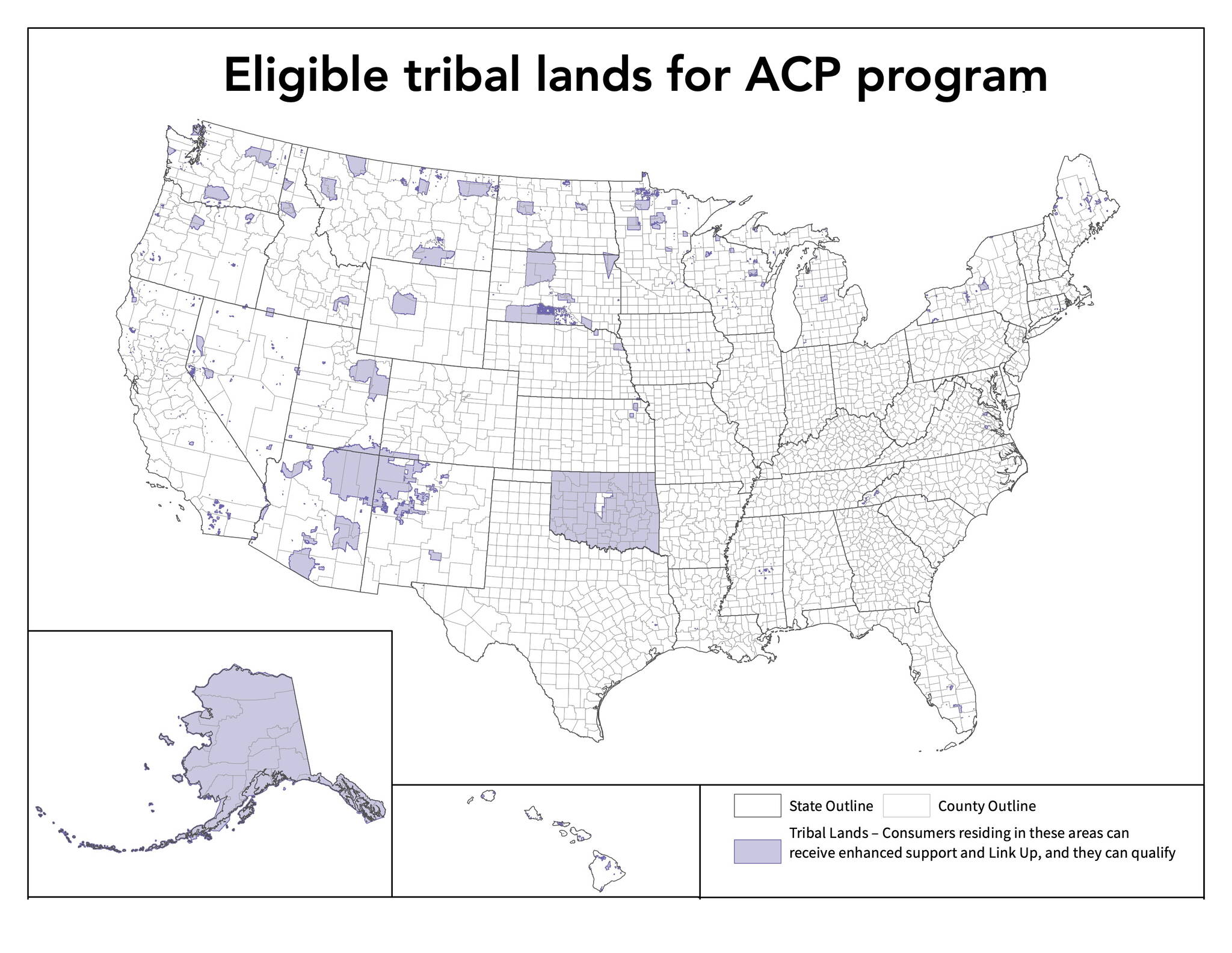 A map shows locations in the U.S. designated as tribal lands and thus eligible for higher benefits from the Affordable Connectivity Program. All of Alaska falls under that designation. (Map courtesy of the FCC)