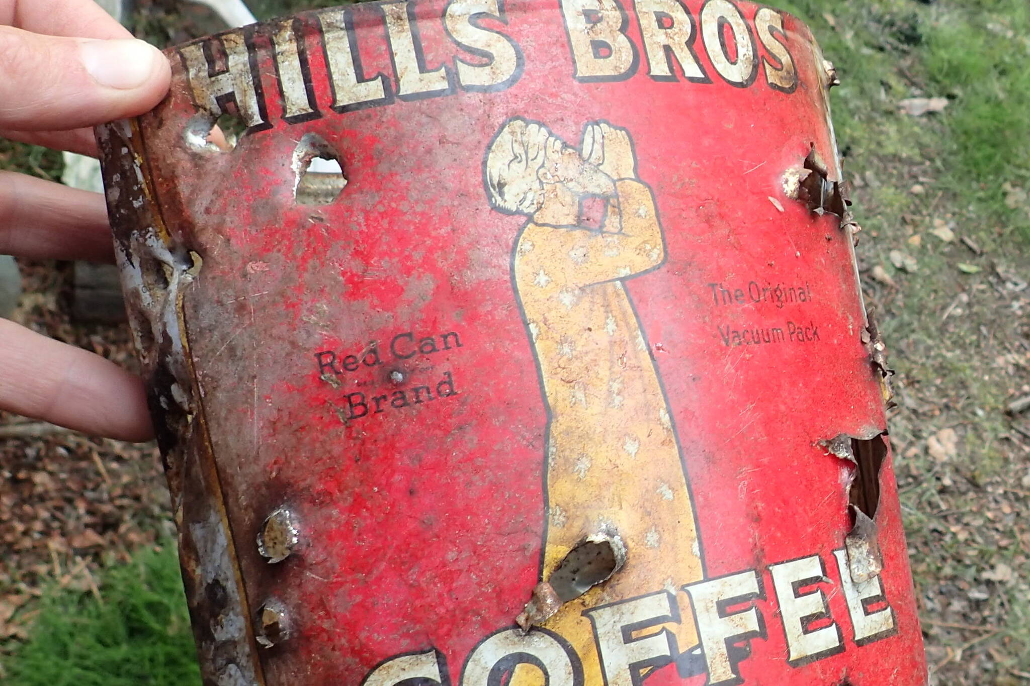 A Hills Bros. coffee can found at an old cabin on the Fortymile River. (Courtesy Photo / Ned Rozell)