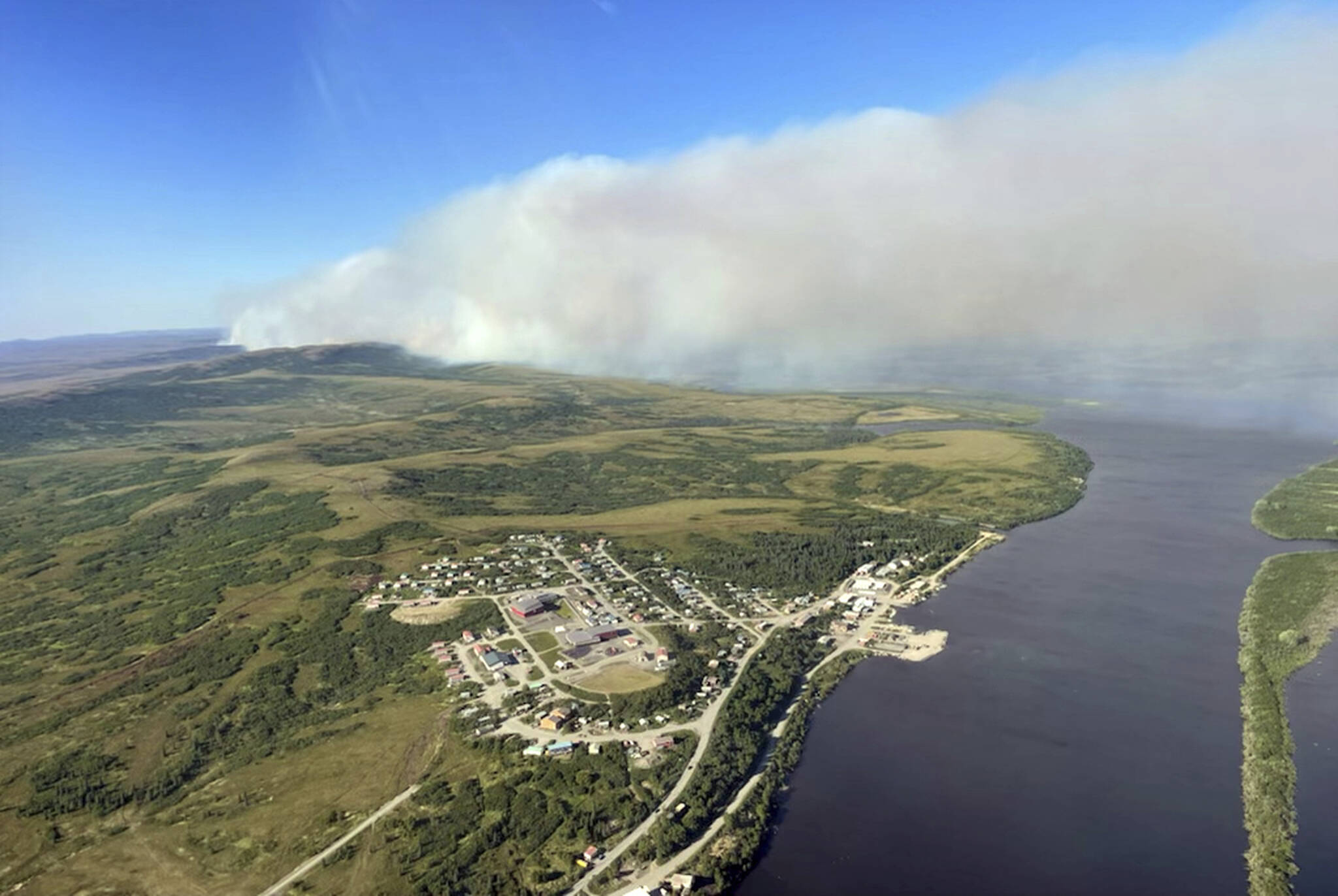 This aerial photo provided by the Bureau of Land Management Alaska Fire Service shows a tundra fire burning near the community of St. Mary’s, Alaska, on June 10, 2022. Alaska’s remarkable wildfire season includes over 530 blazes that have burned an area more than three times the size of Rhode Island, with nearly all the impacts, including dangerous breathing conditions from smoke, attributed to fires started by lightning. (Ryan McPherson / Bureau of Land Management Alaska Fire Service)