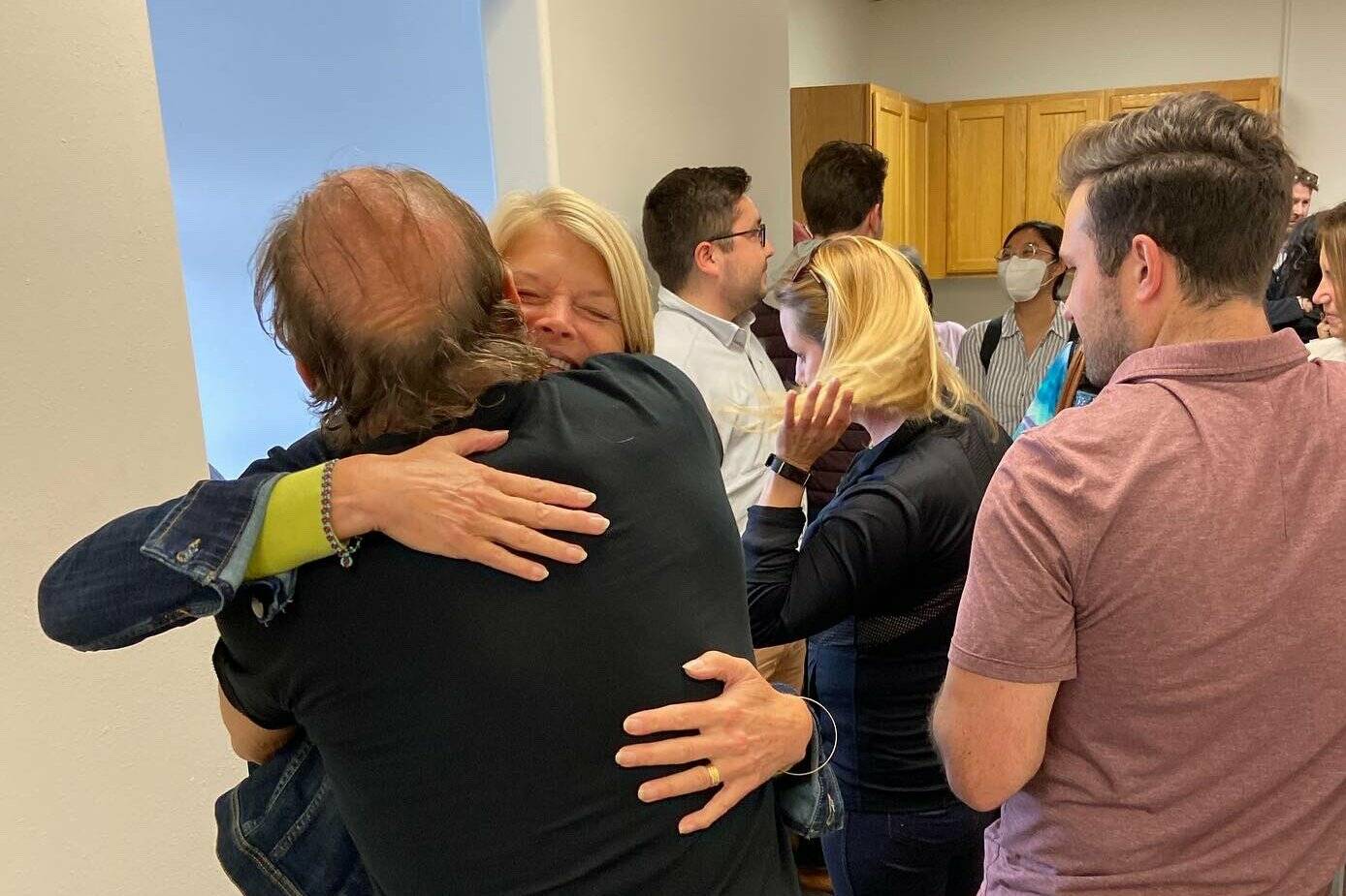 Sen. Lisa Murkowski hugs a supporter during a campaign event in Fairbanks on Friday. The senator announced Monday she tested positive for COVID-19 and as part of her precautionary measures people at her campaign events are being notified. (Courtesy Photo / LisaForSenate, Twitter)