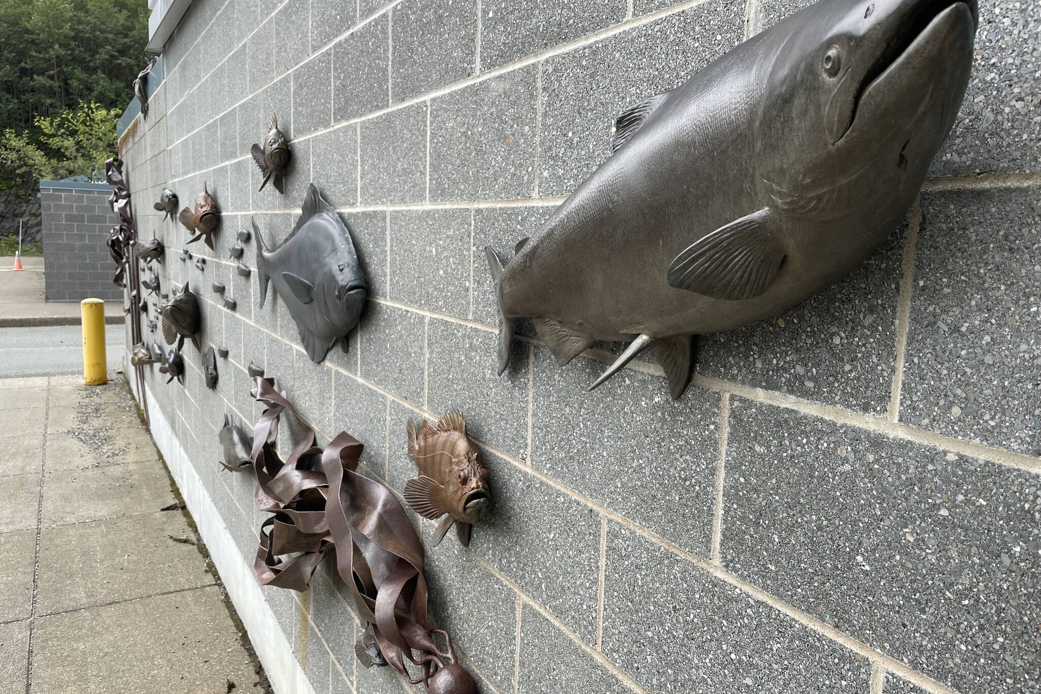 Marine life sculpted by Gary Staab and Ray Troll adorn the wall outside the University of Alaska Fairbanks’ College of Fisheries and Ocean Science building at Lena Point. UAF is offering a new Master of Marine Policy Program in partnership with University of Alaska Southeast. (Michael S. Lockett / Juneau Empire)