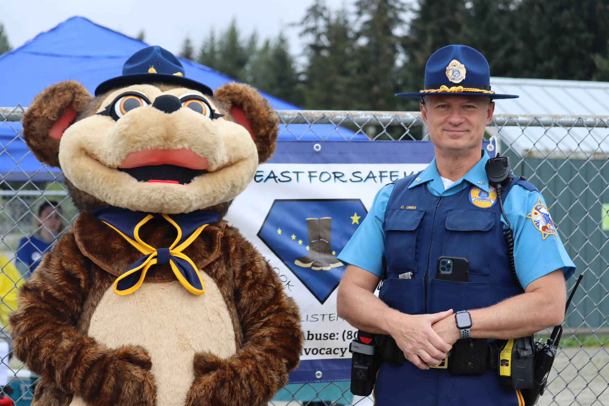 Officer Chris Umbs and Safety Bear were also in attendance for SAFE Advocacy’s first Family Day at the Park on Saturday. The Juneau Police Department is one of many organizations closely partnered with SAFE Child Advocacy Center to prevent child abuse and provide outreach and education to the community.(Jonson Kuhn / Juneau Empire)