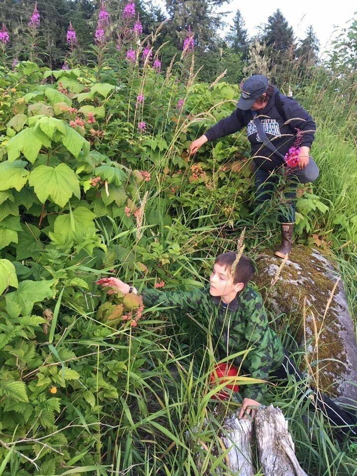 Picking thimblerries in Wrangell Alaska. Jackson Pearson (grandson/nephew) and Vivian Faith Prescott. Vivian Mork Yeilk’ photographer. (Courtesy Photo / Yeilk’ Vivian Mork)