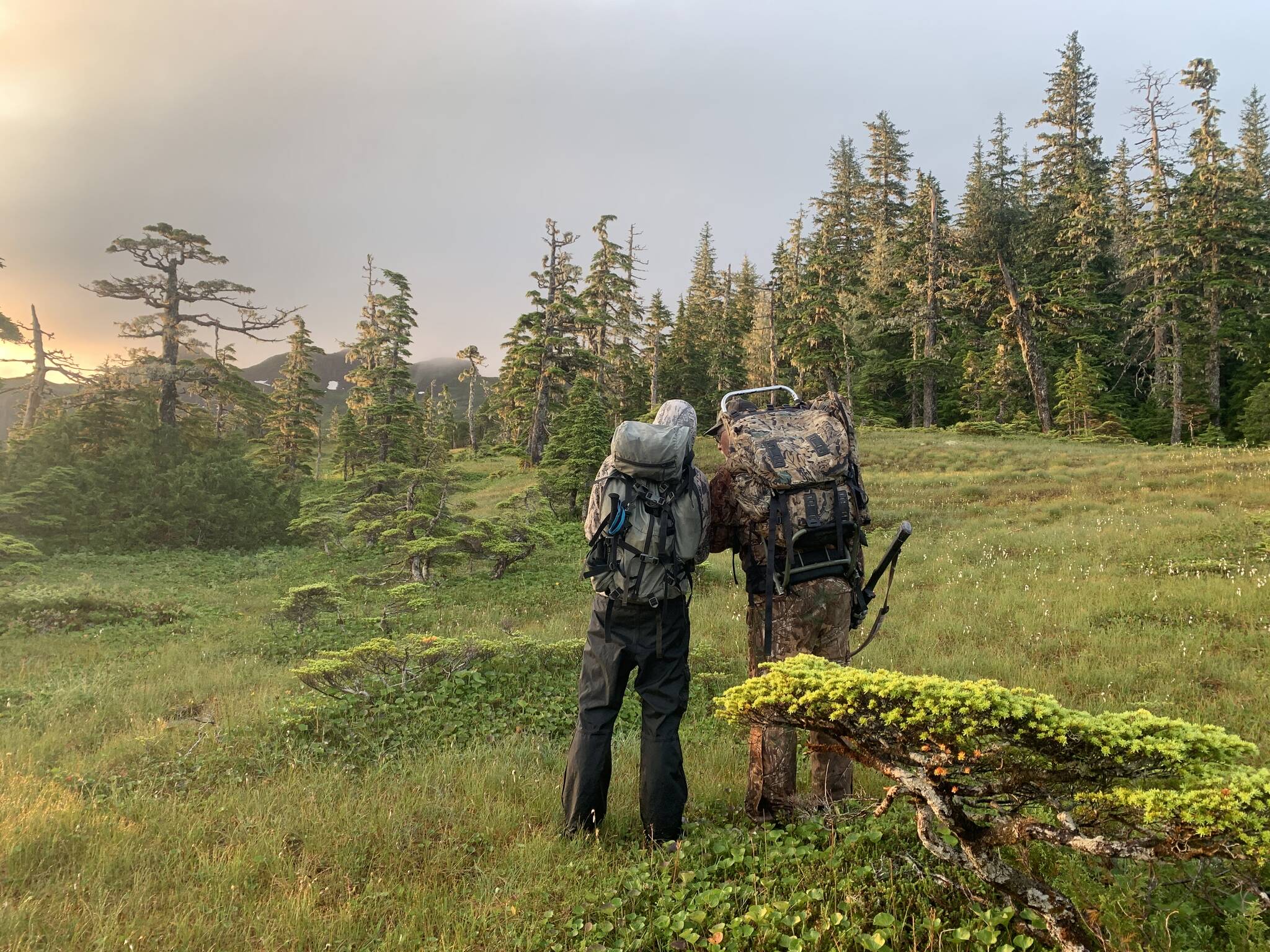 The author and his high school basketball coach Don Busse, survey a map of a mountain in the early light of Aug. 16, opening day for non-federally qualified users on parts of Prince of Wales Island where Jeff Lund grew up. (Jeff Lund / For the Juneau Empire)