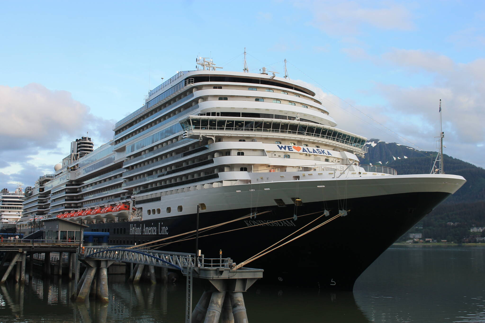 This photo shows the Holland America Line cruise ship Koningsdam in Juneau on Monday night. Hours later, the U.S. Coast Guard was notified a crew member had gone overboard near Juneau. (Clarise Larson / Juneau Empire)