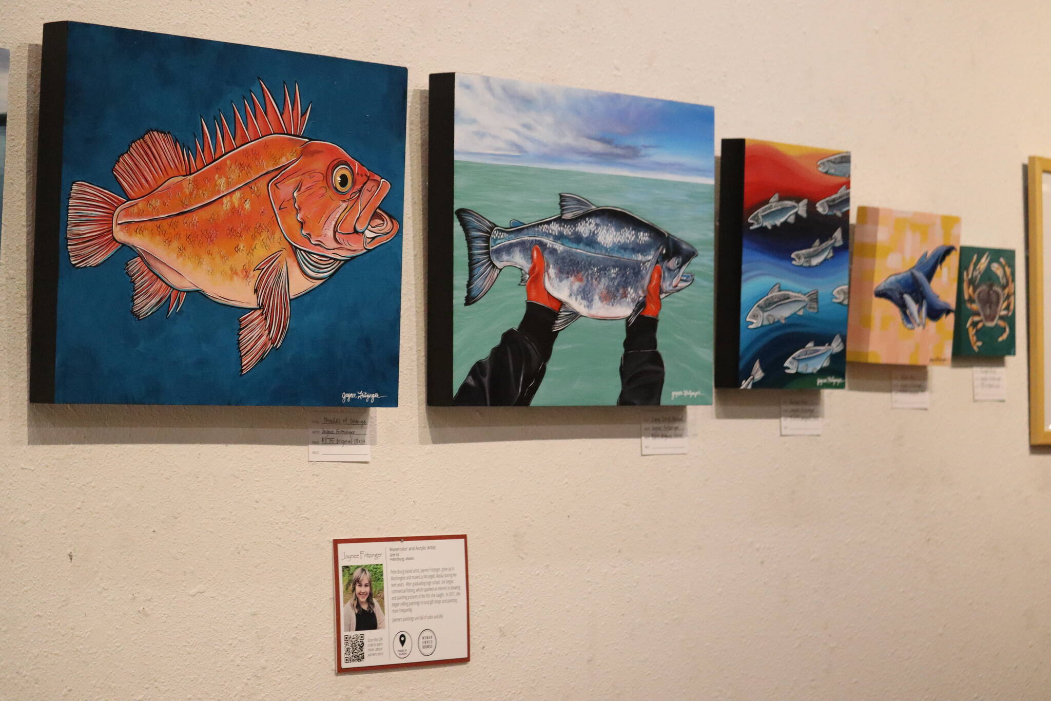 Petersburg-based artist Jaynee Fritzinger hung her days-at-sea inspired originals at Annie Kaill’s gallery located at 124 Seward St. (Jonson Kuhn / Juneau Empire)