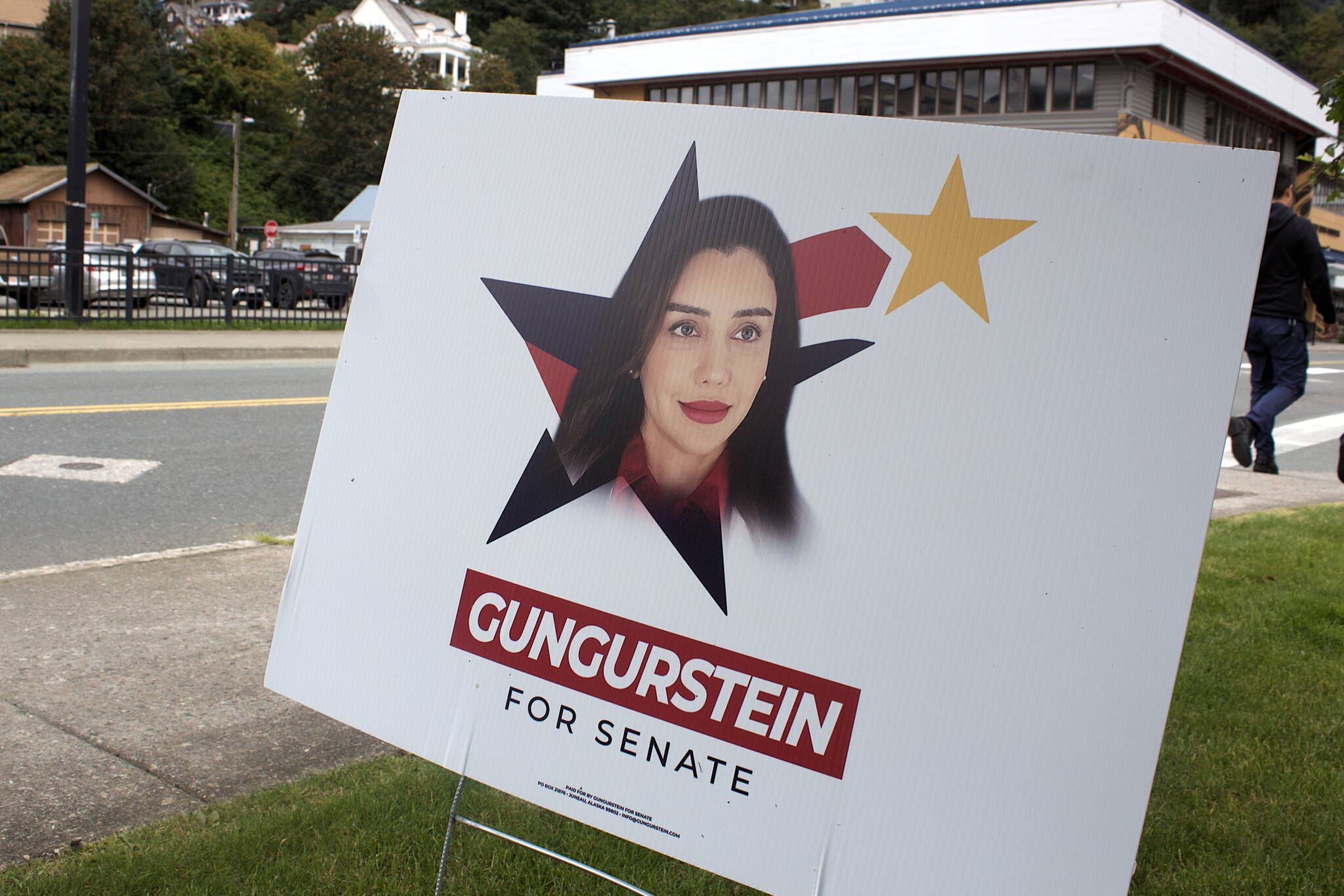 U.S. Senate candidate Shoshana Gungurstein stars in a campaign sign within view of the Alaska governor’s mansion. Gungurstein, an independent, got exposure this week for being a Hollywood actress under a different last name after questions about her past went unanswered throughout the campaign. She is one of 19 candidates seeking to be among the four selected in next Tuesday’s primary to compete in the November general election. (Mark Sabbatini / Juneau Empire)