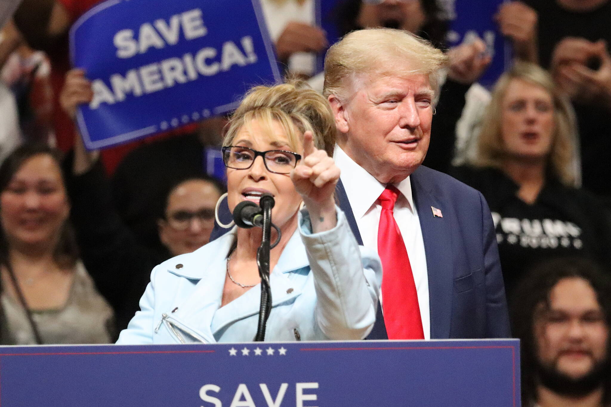 This July 9 photo shows former Gov. Sarah Palin and former President Donald Trump at a rally held in Anchorage. (Mark Sabbatini / Juneau Empire File)