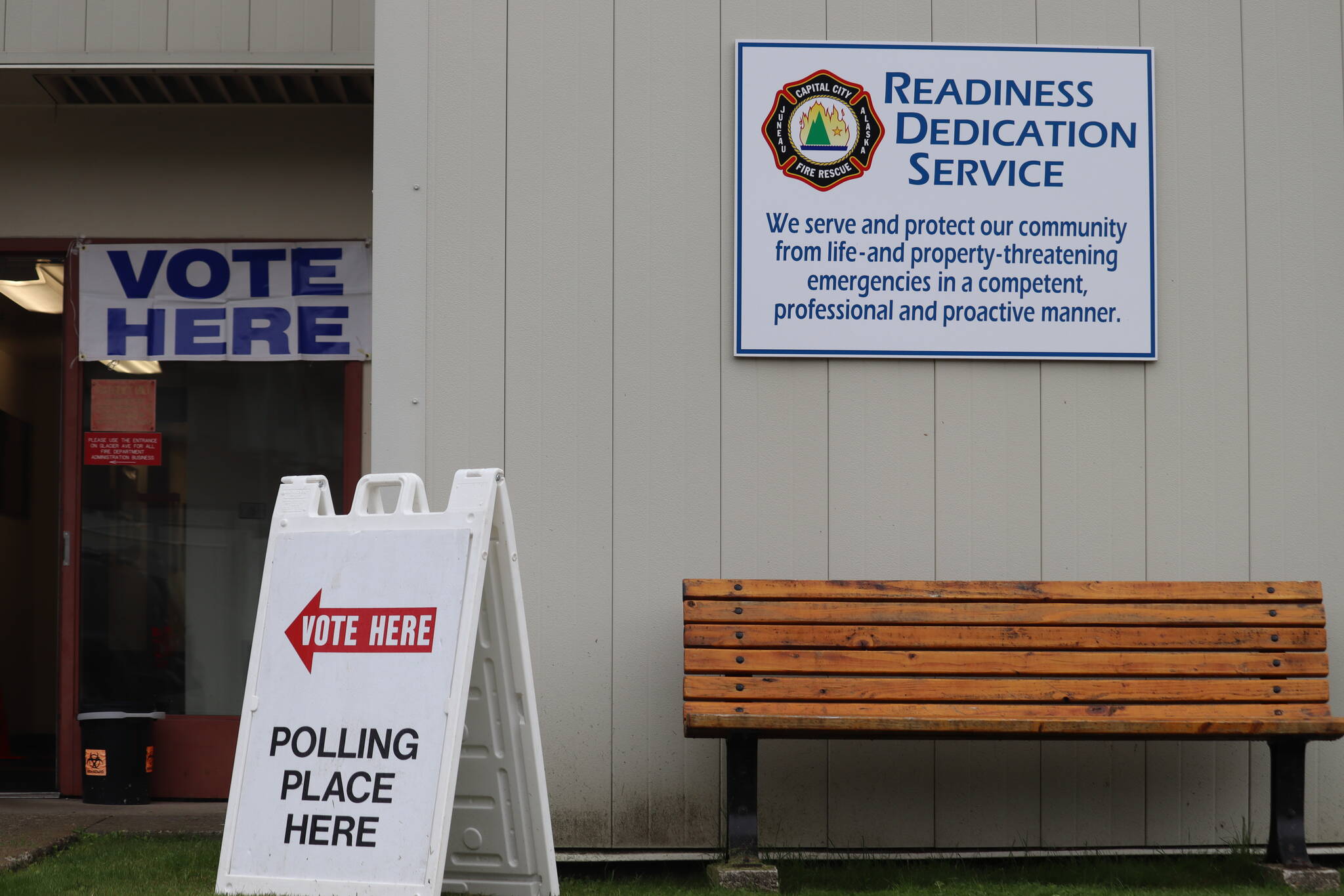 Juneau Fire Station at 820 Glacier Avenue welcomes surrounding north Douglas neighborhoods to vast votes Tuesday morning for Alaska’s primary election. (Jonson Kuhn / Juneau Empire)