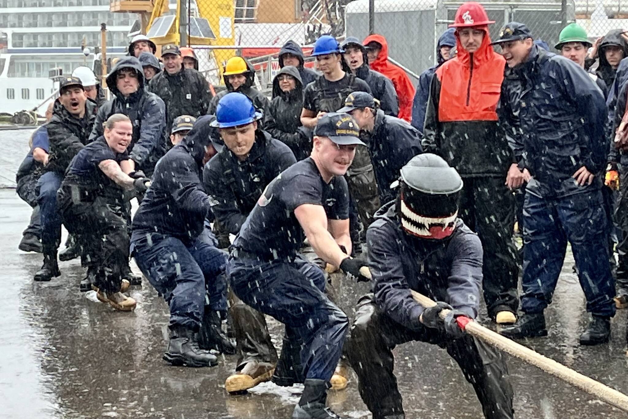 Team Elm faces off against Team Cypress in a battle of tug of war during the Coast Guard’s annual Buoy Tender Olympics on Wednesday at the Coast Guard Station Juneau. (Jonson Kuhn / Juneau Empire)