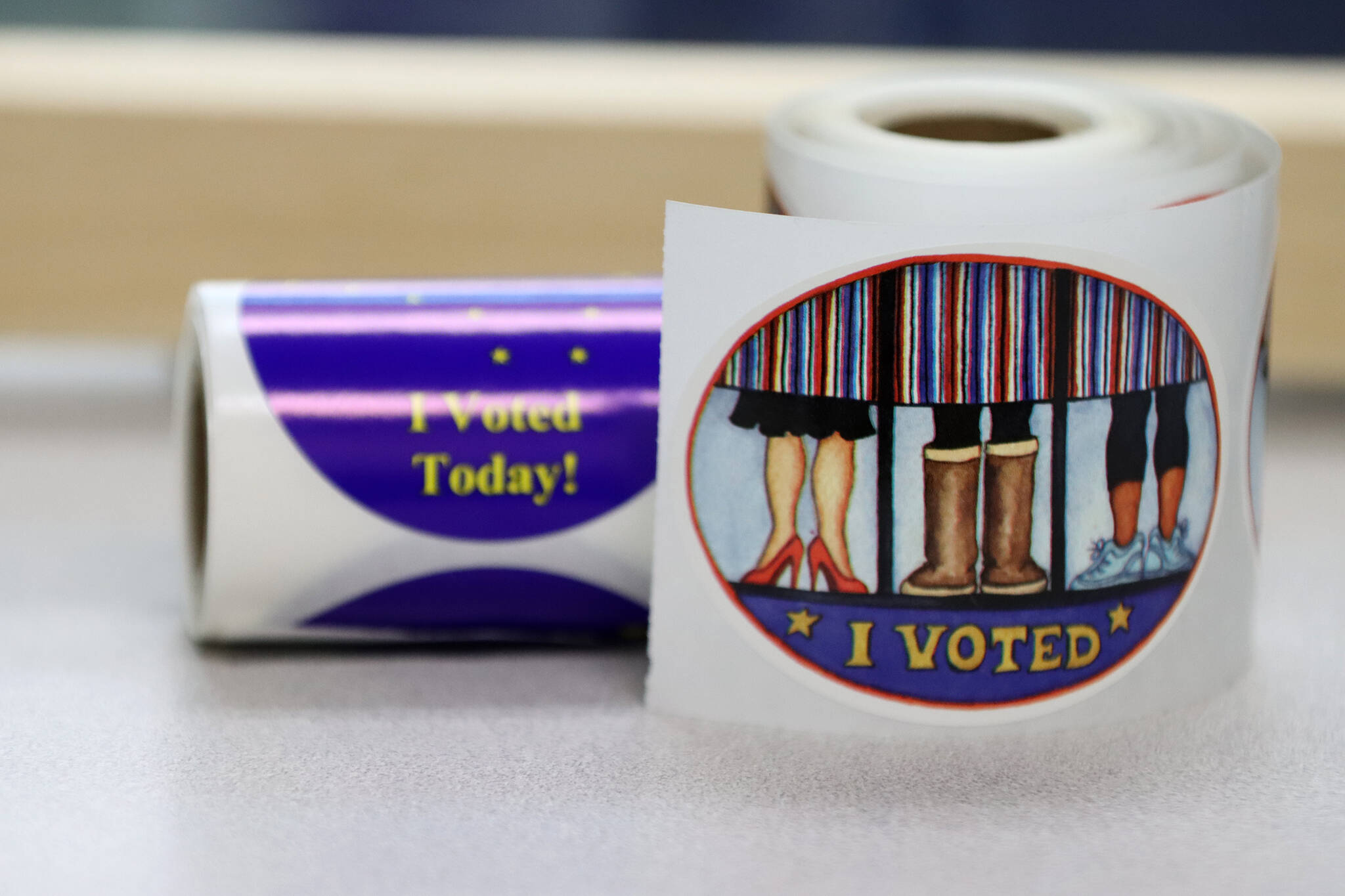 Spools of “I Voted” stickers await Alaskans during a recent election. A special general election and regular primary were both held on Tuesday. (Ben Hohenstatt / Juneau Empire)