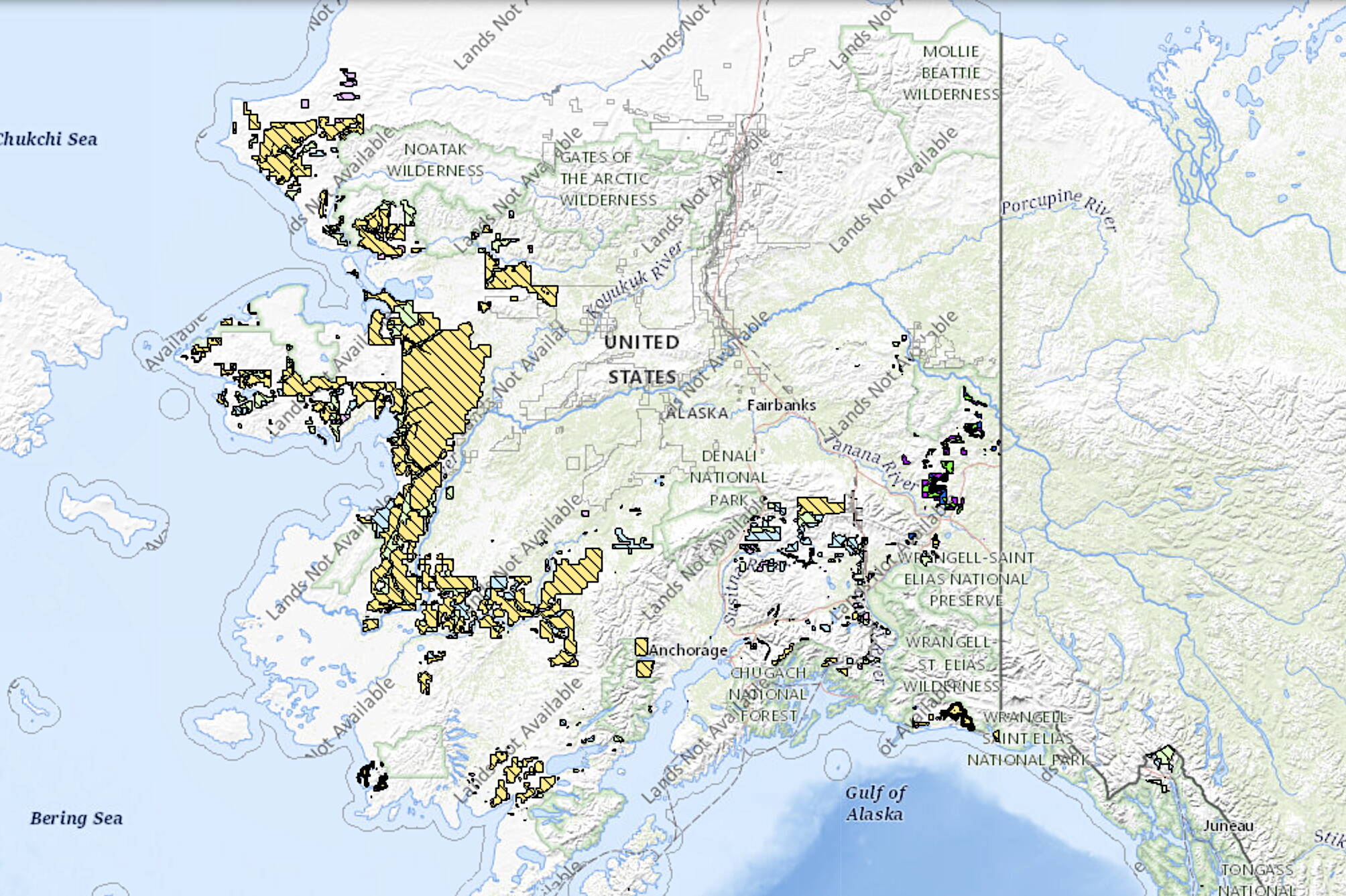 A map shows land tracts where Alaska Native Vietnam veterans can apply for parcels under an allocation program finalized this month by the U.S. Bureau of Land Management. The most common land parcels potentially available are shaded in light yellow. Areas shaded in light green, including the ones nearest Juneau, represent potentially available state selected land. Applications processing and selection by the bureau is scheduled to start Sept. 14. (U.S. Bureau of Land Management)