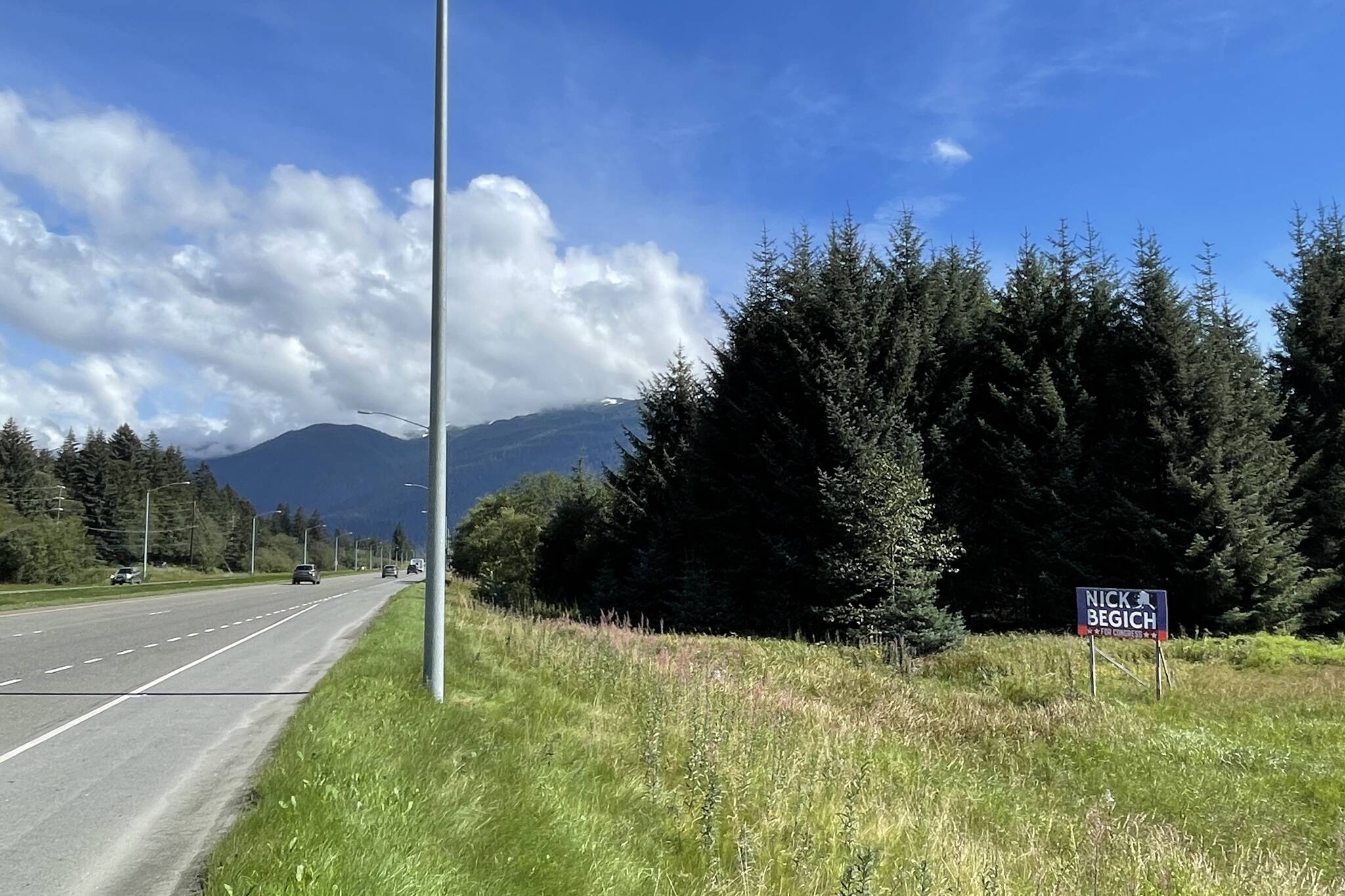 A political sign that was later removed sits in a field near the Mendenhall Wetlands. Rules around standalone political signs are tightly regulated in Alaska. (Michael S. Lockett / Juneau Empire)