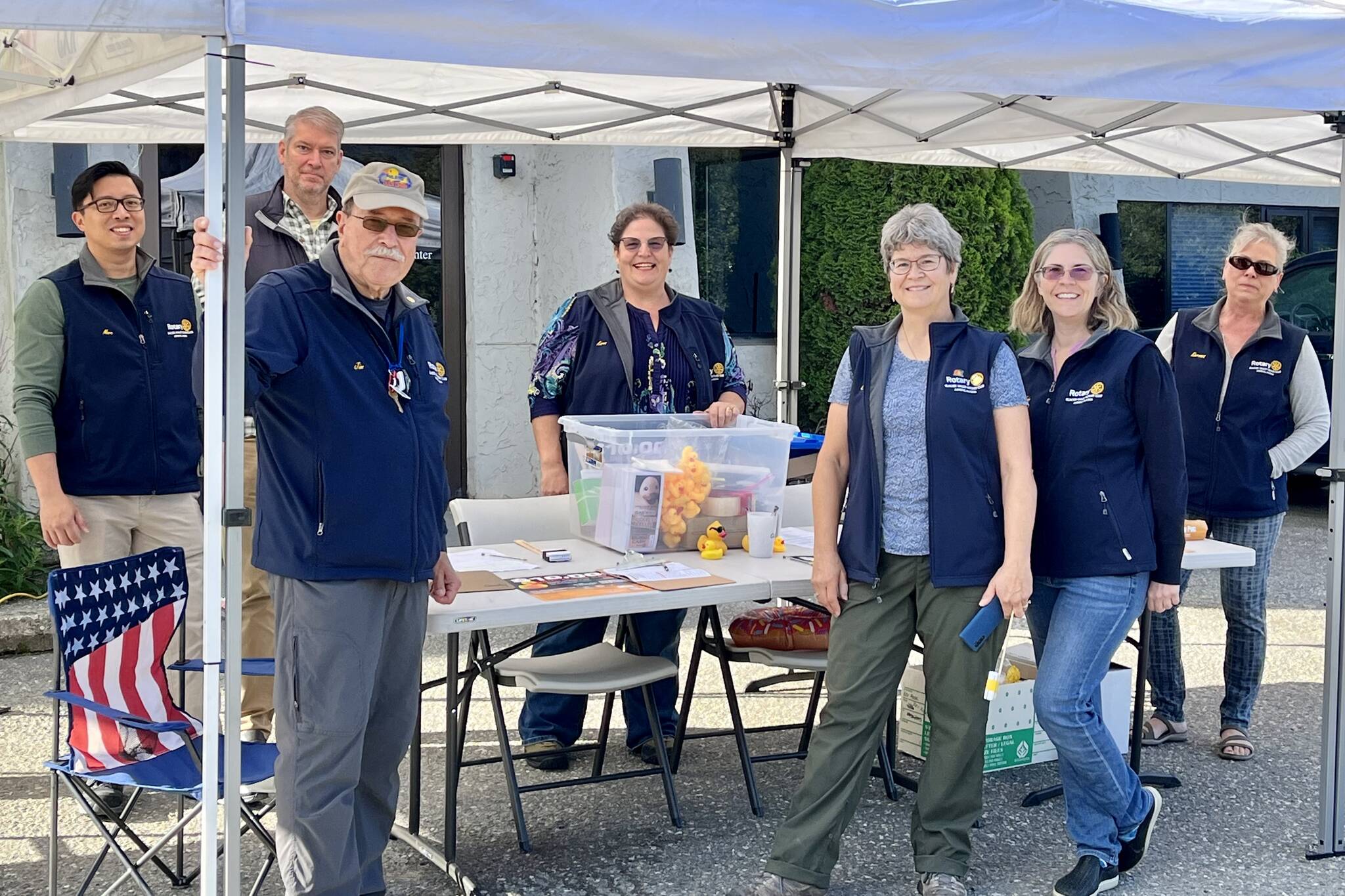 Jonson Kuhn / Juneau Empire
Glacier Valley Rotary Club Rotarians, shown in this Friday photo, set up at the Juneau Radio Center for their annual Duckless Raffle Fundraiser. The drawing takes place on Sept. 10 at 1 p.m.