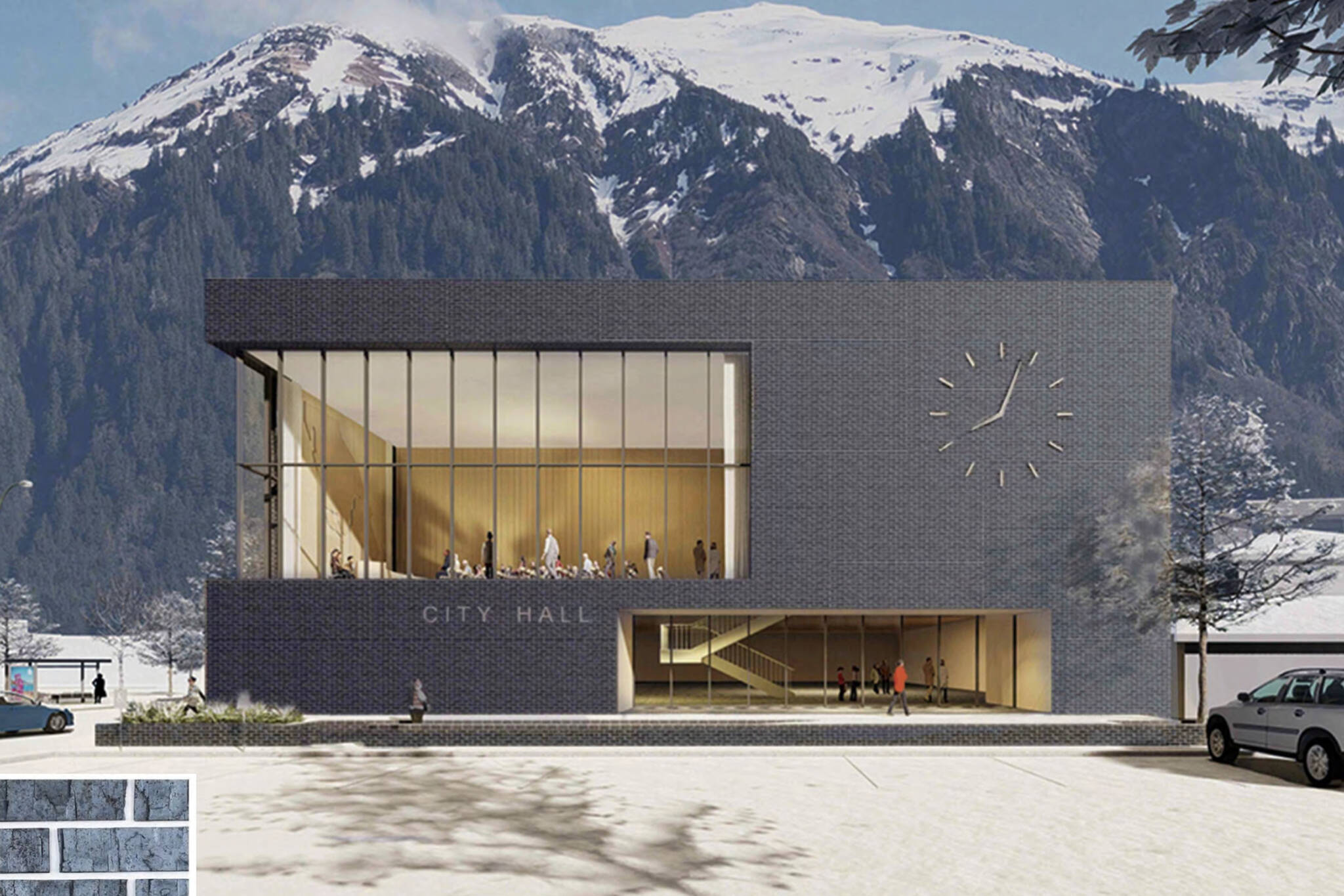 An artist depiction of a new city hall building at 450 Whittier St. in Juneau, which would cost an estimated $41 million with an underground parking garage, according to a presentation to Juneau Assembly members Monday. (Courtesy Image / North Wind Architects)