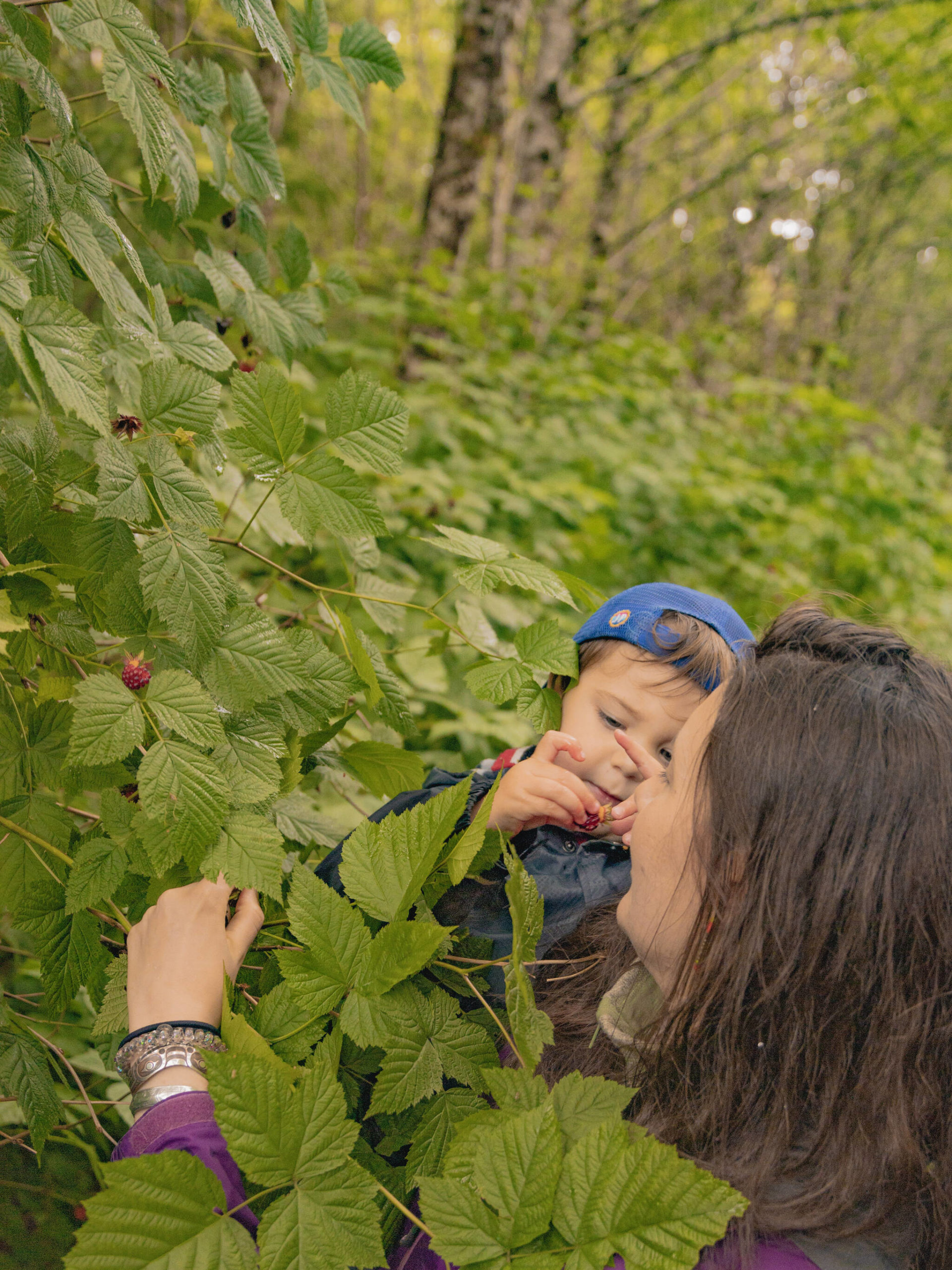 Ryder shows Michaela his freshly picked salmonberry. (Courtesy Photo / Ḵaa Yahaayí Shkalneegi Muriel Reid)
