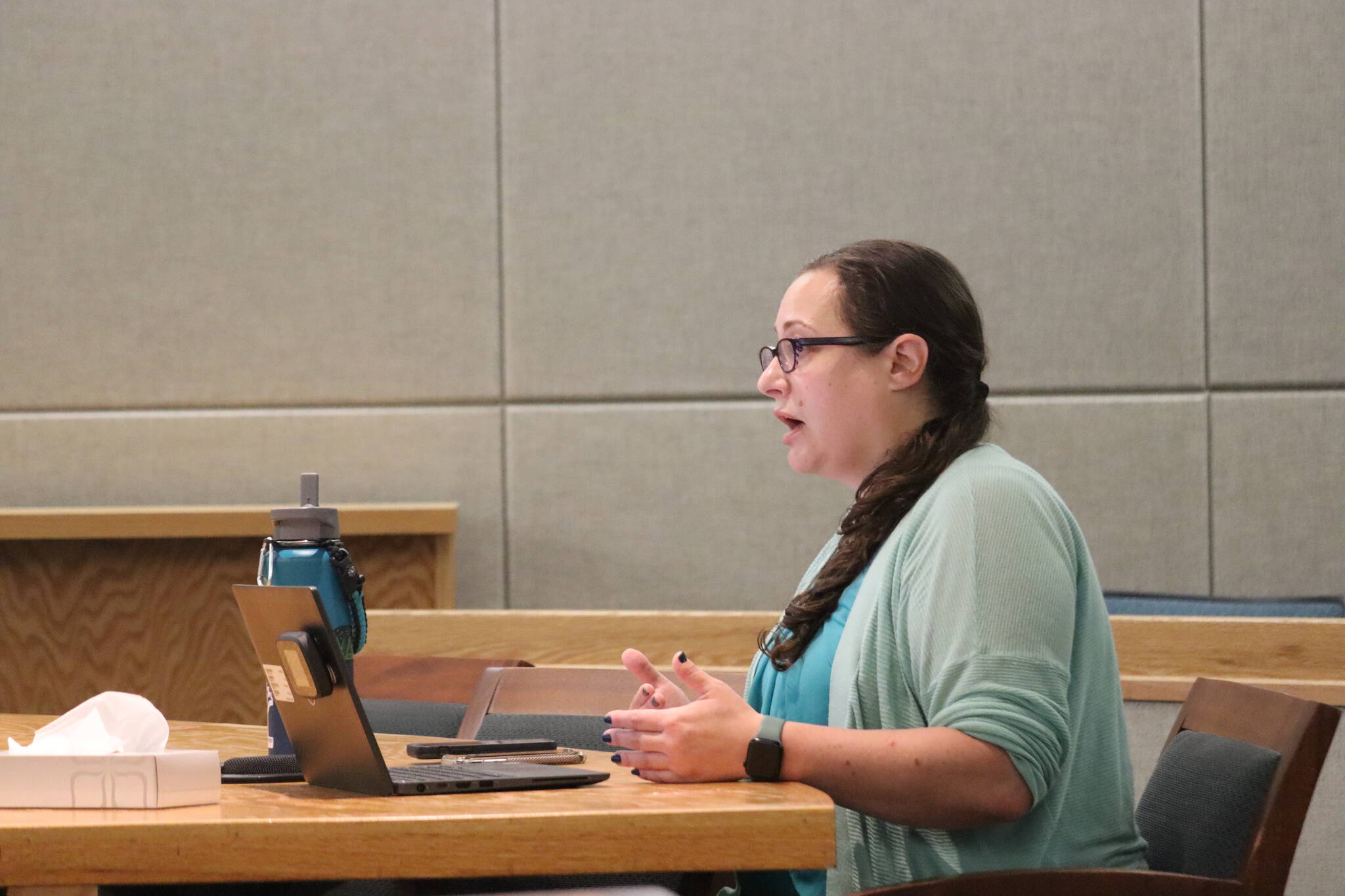 Distract Attorney Jessalyn Gillum speaks during the arraignment of Bradley Grigg for two counts of first-degree theft in court in Juneau on Friday, Aug. 26, 2022. (Jonson Kuhn / Juneau Empire)