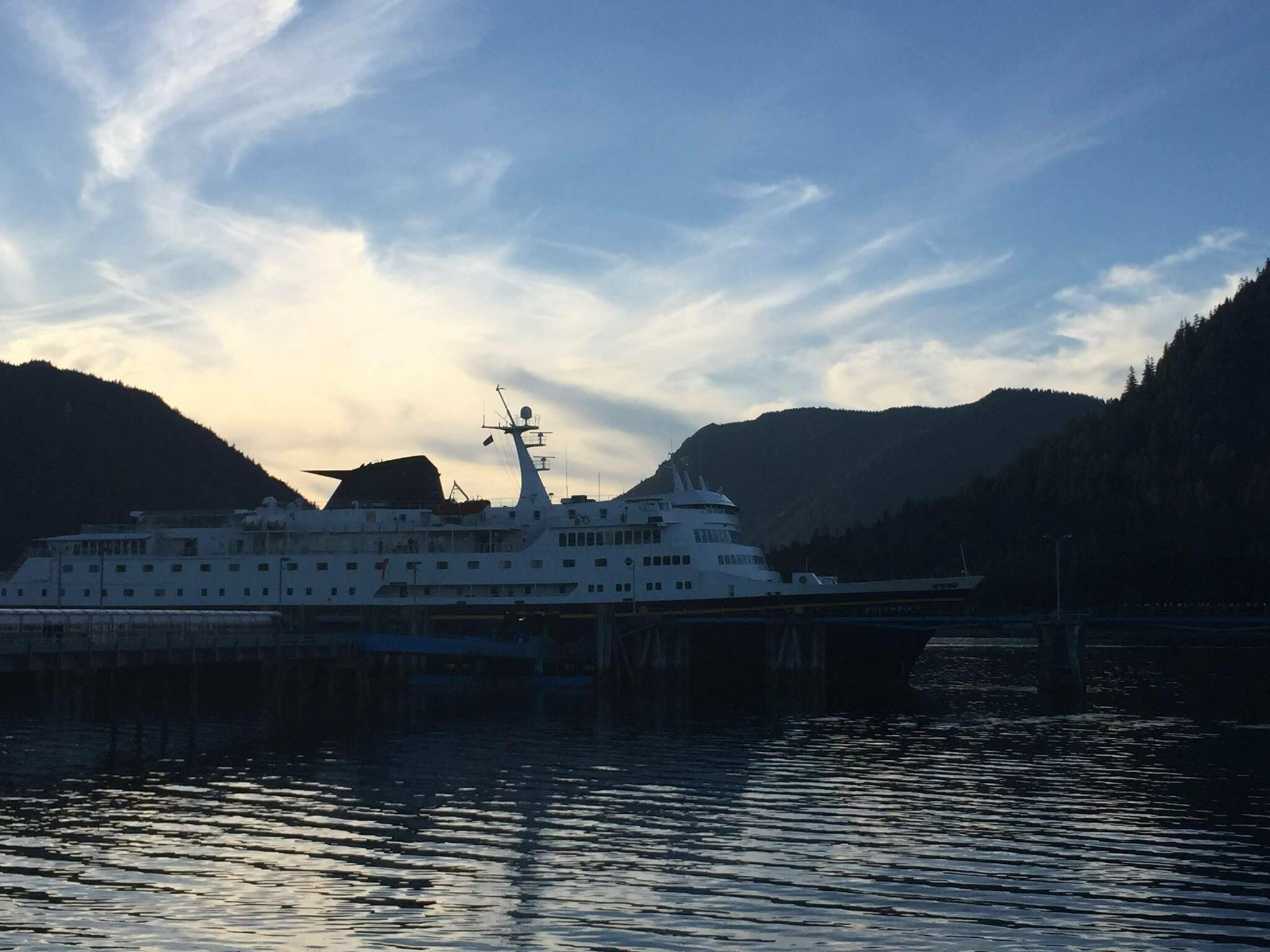 This August 2018 photo shows the MV Columbia in Petersburg. The Columbia is scheduled to return to service this winter for the first time in three years, according to the Alaska Department of Transportation and Public Facilities. (Ben Hohenstatt / Juneau Empire File)