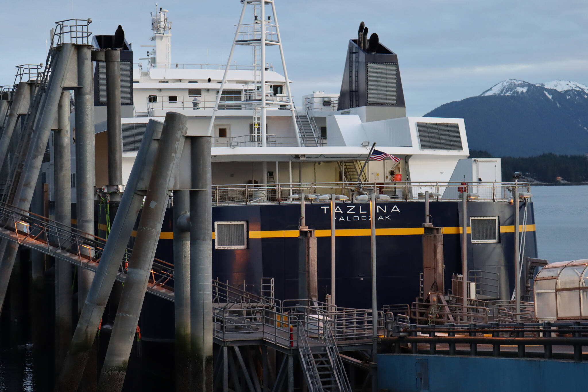 The MV Tazlina is docked at the Auke Bay ferry terminal in this Nov. 15, 2021, photo. The Alaska Marine Highway System ferry is expected to provide service from early January through February, according to the Alaska Department of Public Transportation and Public Facilities. Updates on some aspects of winter operations from October until next April were provided by top ferry and state transportation officials during an Alaska Marine Highway Operations Board meeting Friday.  (Ben Hohenstatt / Juneau Empire File)