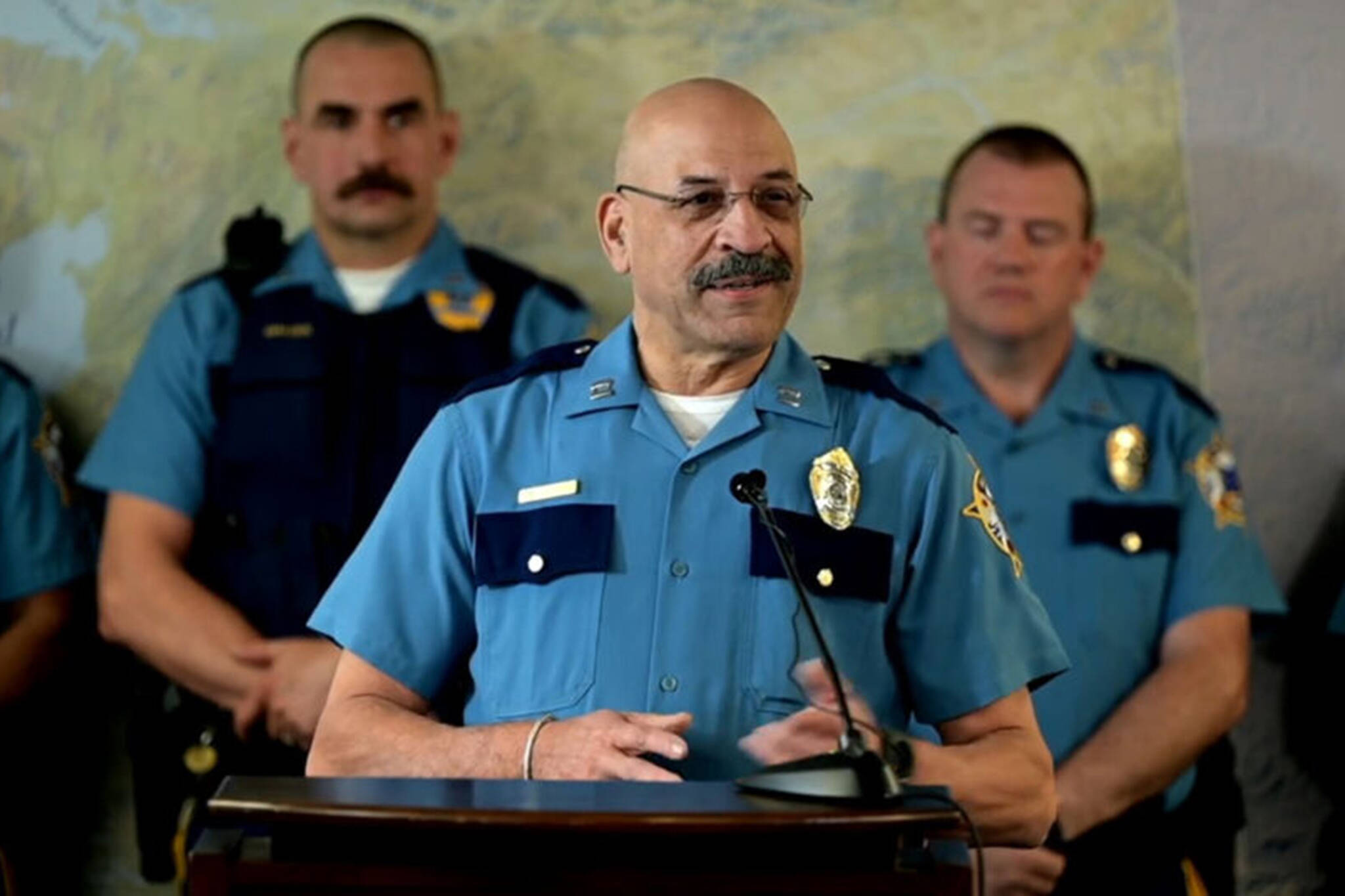 Alaska State Troopers Capt. Maurice “Mo” Hughes is seen at a news conference on Wednesday, Aug. 31, 2022 during a ceremony naming him the first Black leader of the Alaska State Troopers. (Video screenshot)