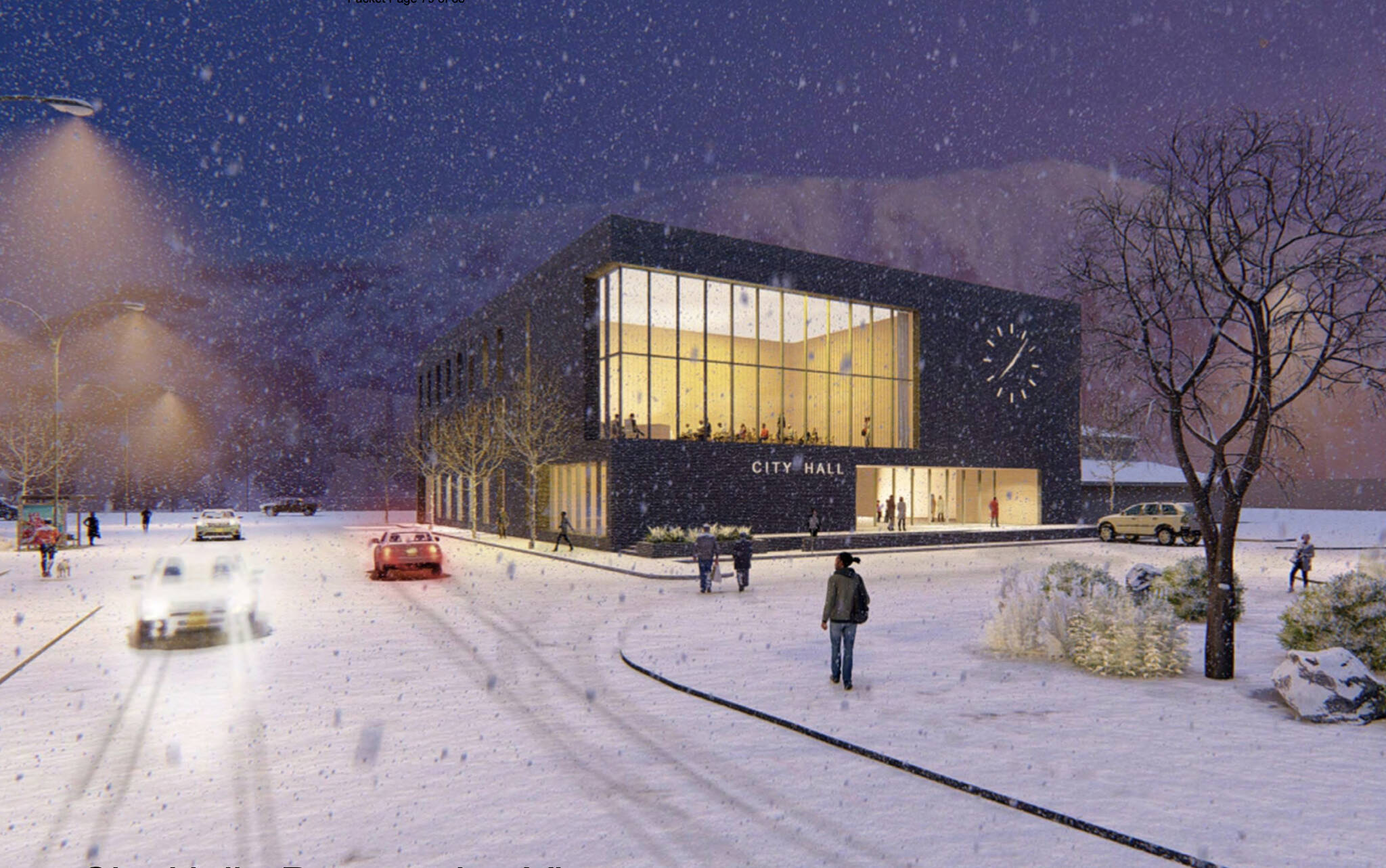 An artist’s rendering shows winter view of a proposed new Juneau City Hall at 450 Whittier St. (Courtesy Image / North Wind Architects)