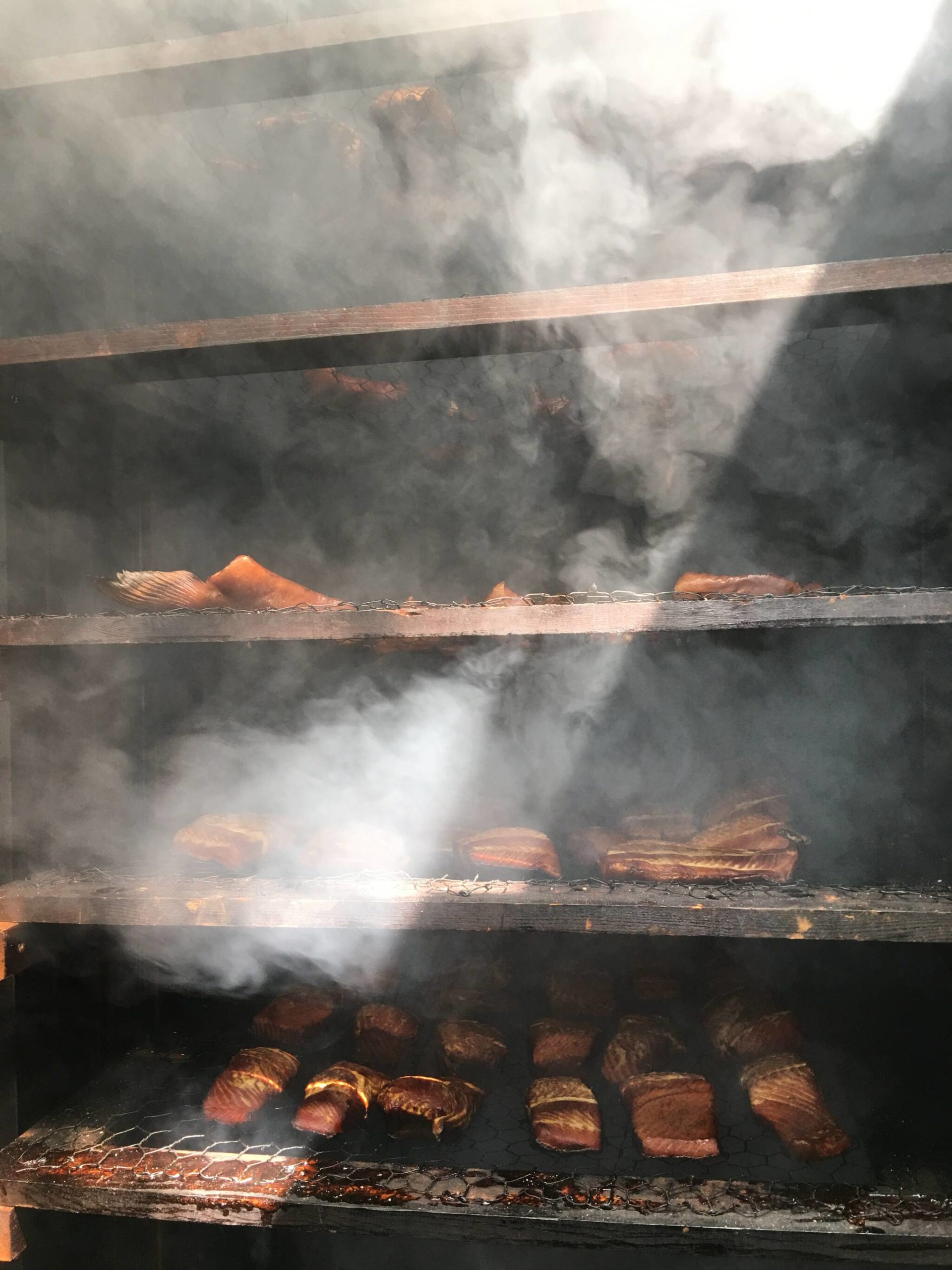 Smokehouse filled with king salmon at Mickey’s Fishcamp, Wrangell. (Vivian Faith Prescott / For the Capital City Weekly)