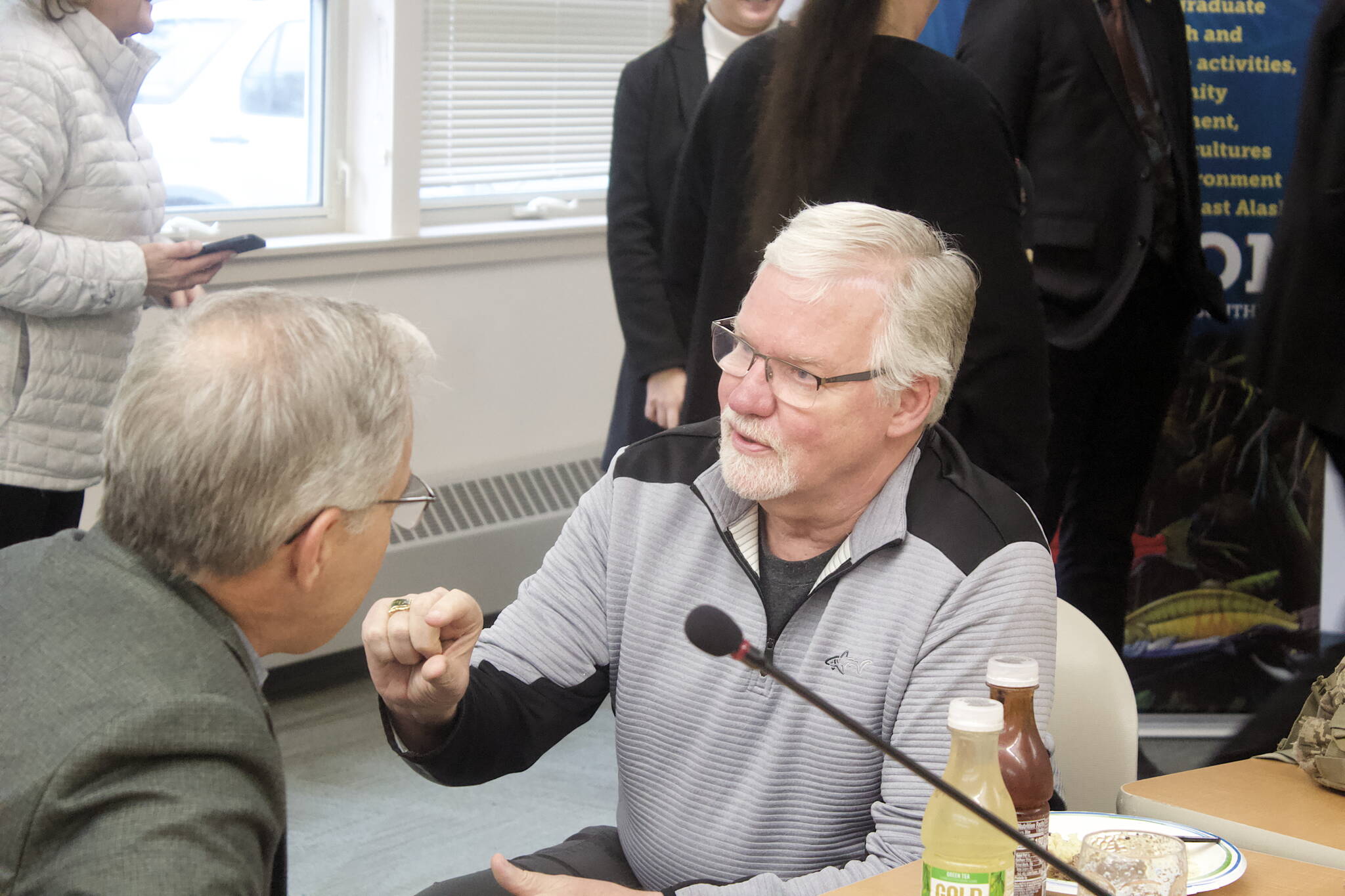 Dale Anderson, a member of the University of Alaska’s Board of Regents, talks with fellow member Ralph Seekins after the conclusion of the board’s two-day meeting at the University of Alaska Southeast on Friday. Anderson was harshly critical during Friday’s meetings of changes to Title IX, which is again being revised in anticipation of pending changes at the federal level, saying it’s being expanded in “insidious” ways beyond its original intent. (Mark Sabbatini / Juneau Empire)