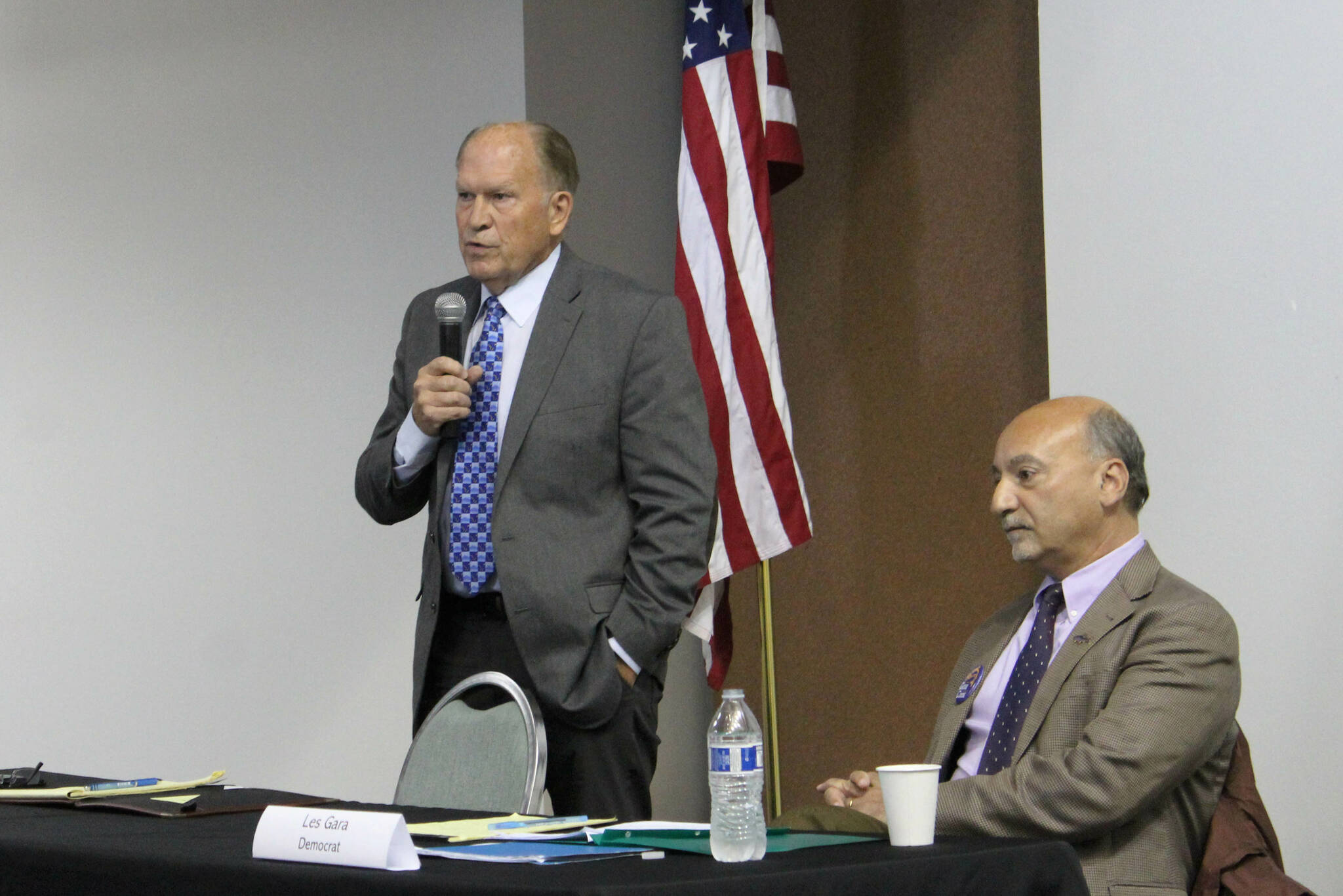 Alaska gubernatorial candidates Bill Walker, left, and Les Gara participate in a candidate forum hosted by the Kenai and Soldotna chambers of commerce at the Kenai Chamber of Commerce and Visitor Center on Wednesday, Sept. 7, 2022, in Kenai, Alaska. (Ashlyn O’Hara/Peninsula Clarion)