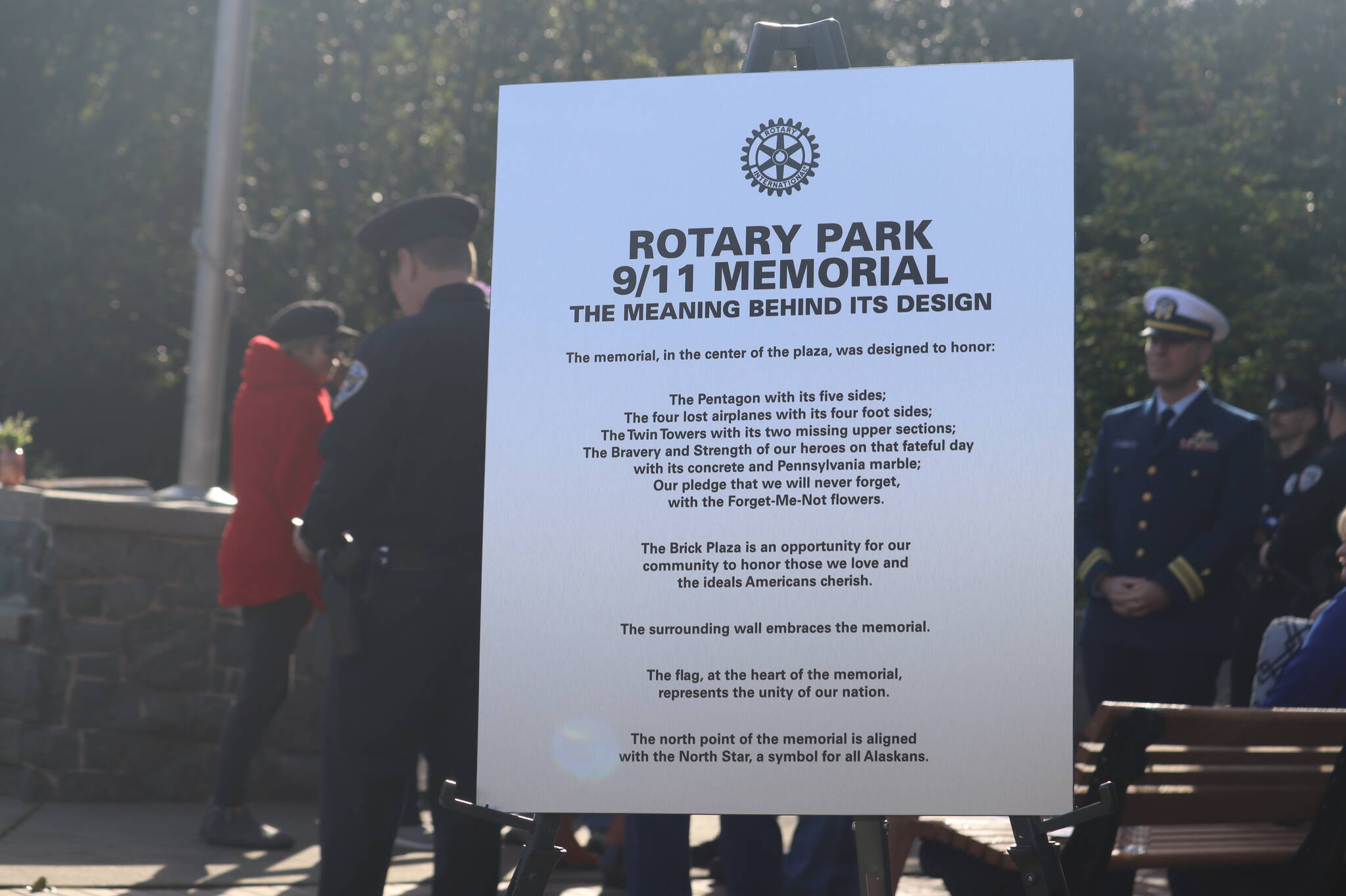 Juneau Glacier Valley Rotary Club hosted a ceremony Sunday morning to remember the events that took place on 9/11 by honoring Juneau’s first responders at the September 11th Memorial at Riverside Rotary Park. (Jonson Kuhn / Juneau Empire)