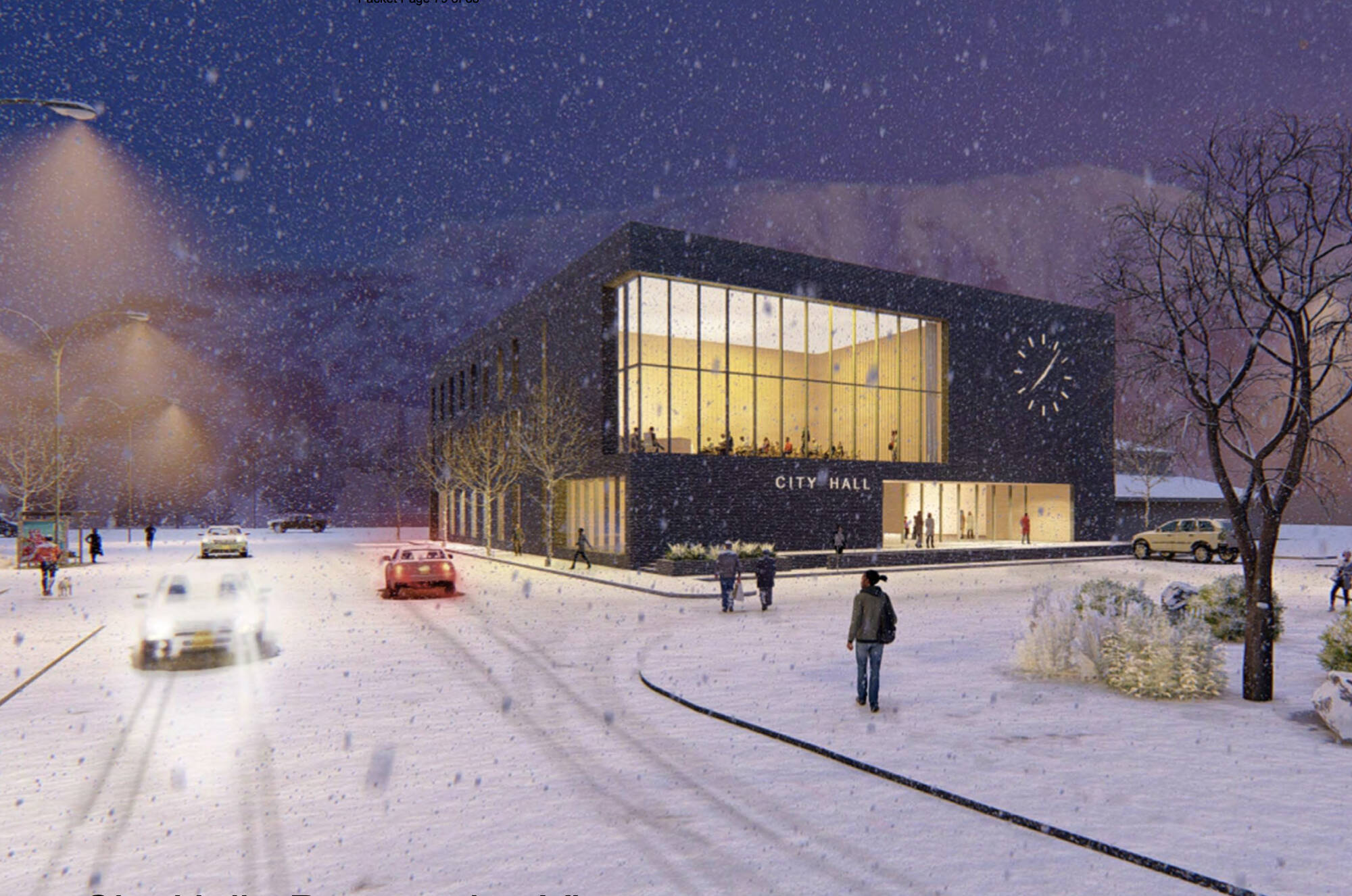 An artist’s depiction shows winter view of a proposed new Juneau City Hall at 450 Whittier St. (Courtesy Image / North Wind Architects)