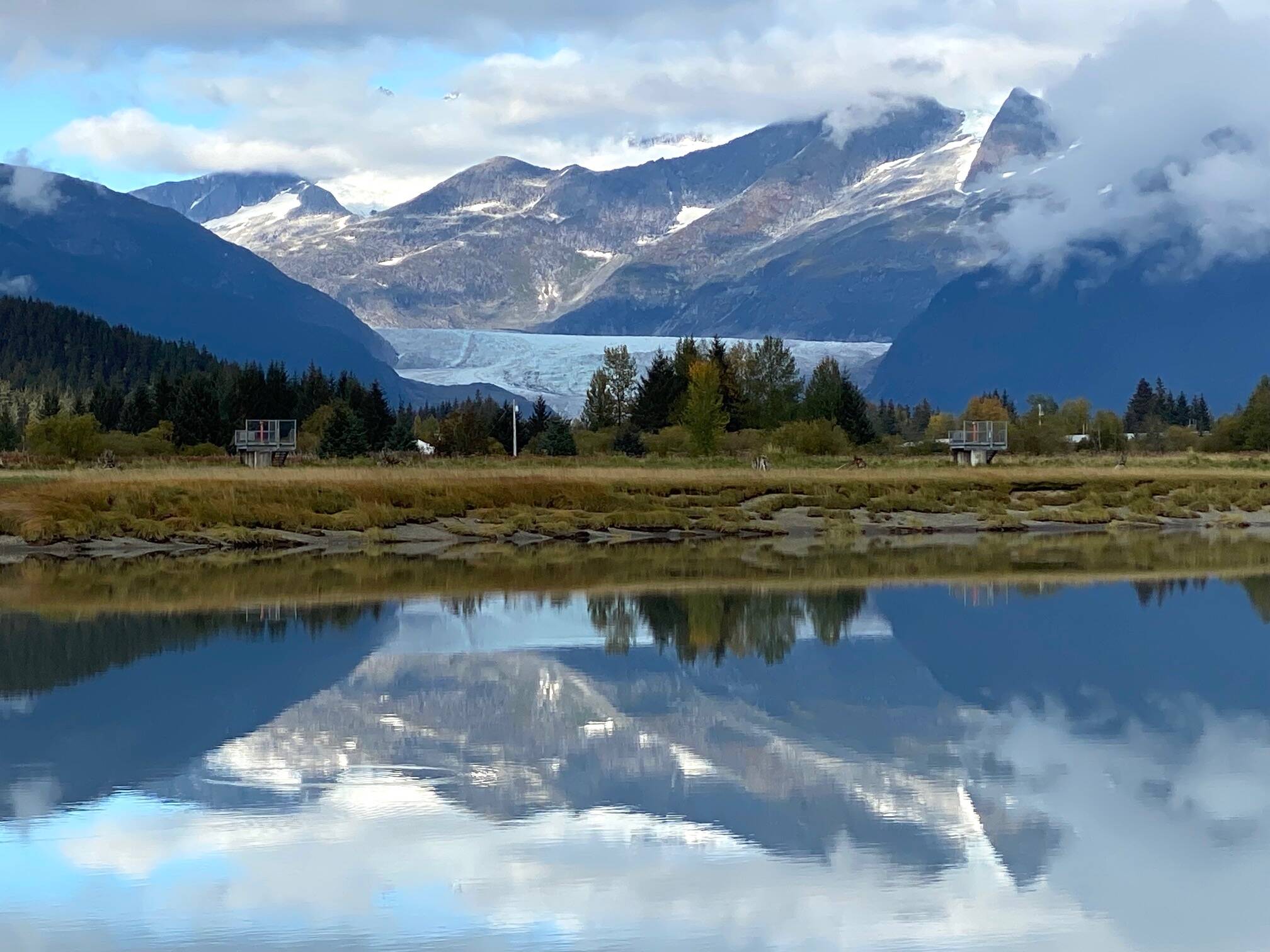 Glacier reflections in Mendenhall River are seen from the wetlands trail on Sept. 17. (Courtesy Photo / Denise Carroll)