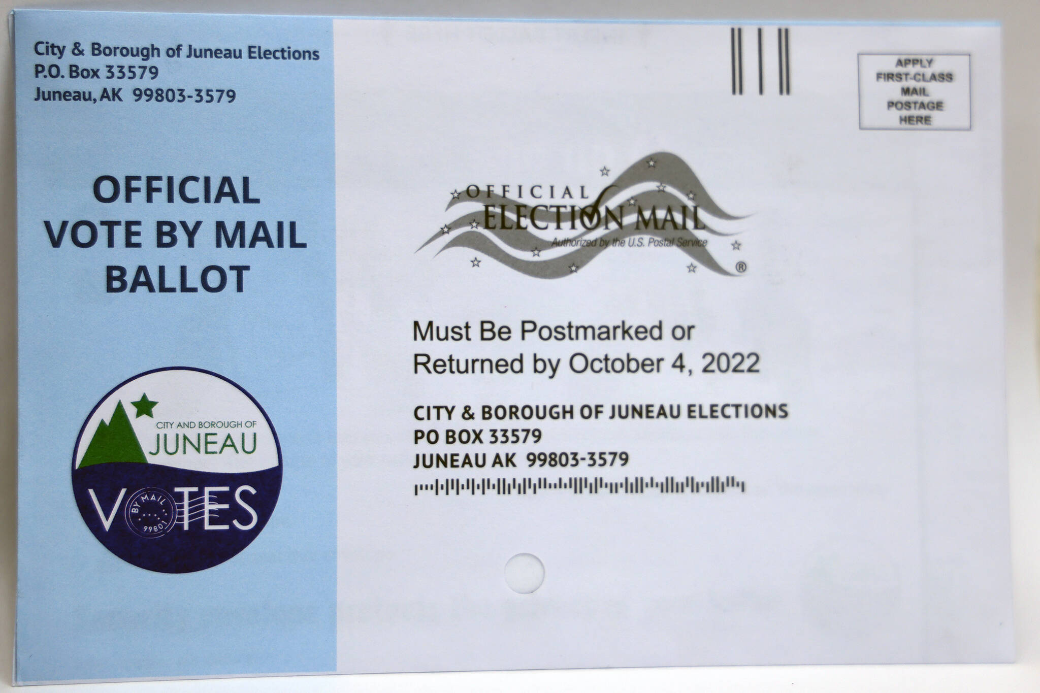 This photo shows a return envelope for the upcoming municipal election. (Ben Hohenstatt / Juneau Empire)