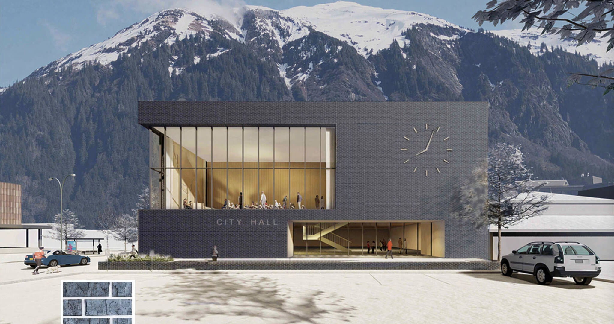 An artist depiction of a new city hall building at 450 Whittier St. in Juneau, which would cost an estimated $41 million with an underground parking garage, according to a presentation to Juneau Assembly members Monday. (Courtesy Image / North Wind Architects)