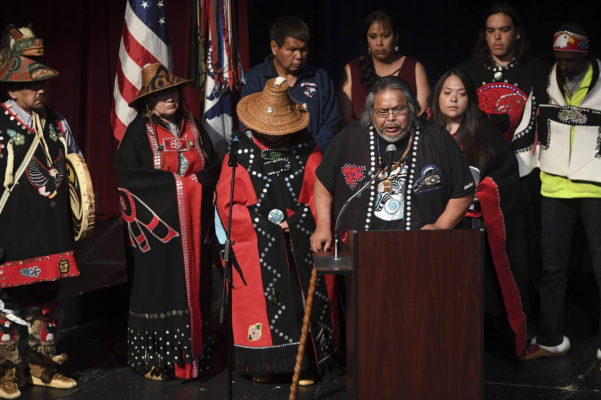 Joel Jackson, president of the Organized Village of Kake and a featured presenter at the Government-to-Government Violence Against Women Tribal Consultation in Anchorage on Wednesday, speaks during a memorial service at Juneau-Douglas High School: Yadaa.at Kalé on Friday, June 7, 2019. (Michael Penn / Juneau Empire File)