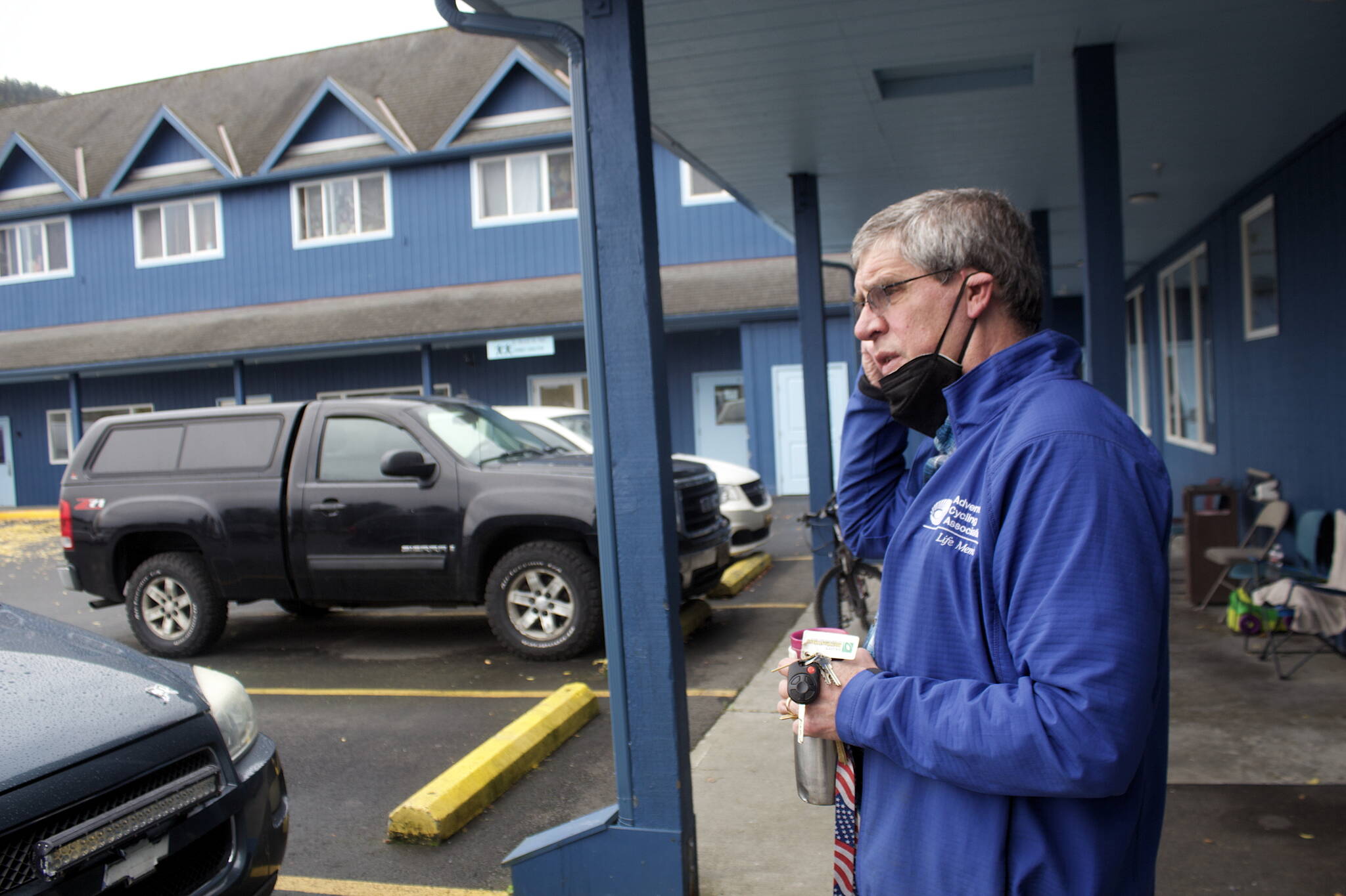 Dave Ringle, executive director of the Society of St. Vincent de Paul in Juneau, removes a face mask after exiting transitional housing Wednesday at the organization’s complex on Teal Street, where a public open day will be part of an annual fundraiser Saturday. The complex is in the midst of various upgrades and Ringle said the fundraiser is intended to help both the projects and provide direct aid to residents. (Mark Sabbatini / Juneau Empire)