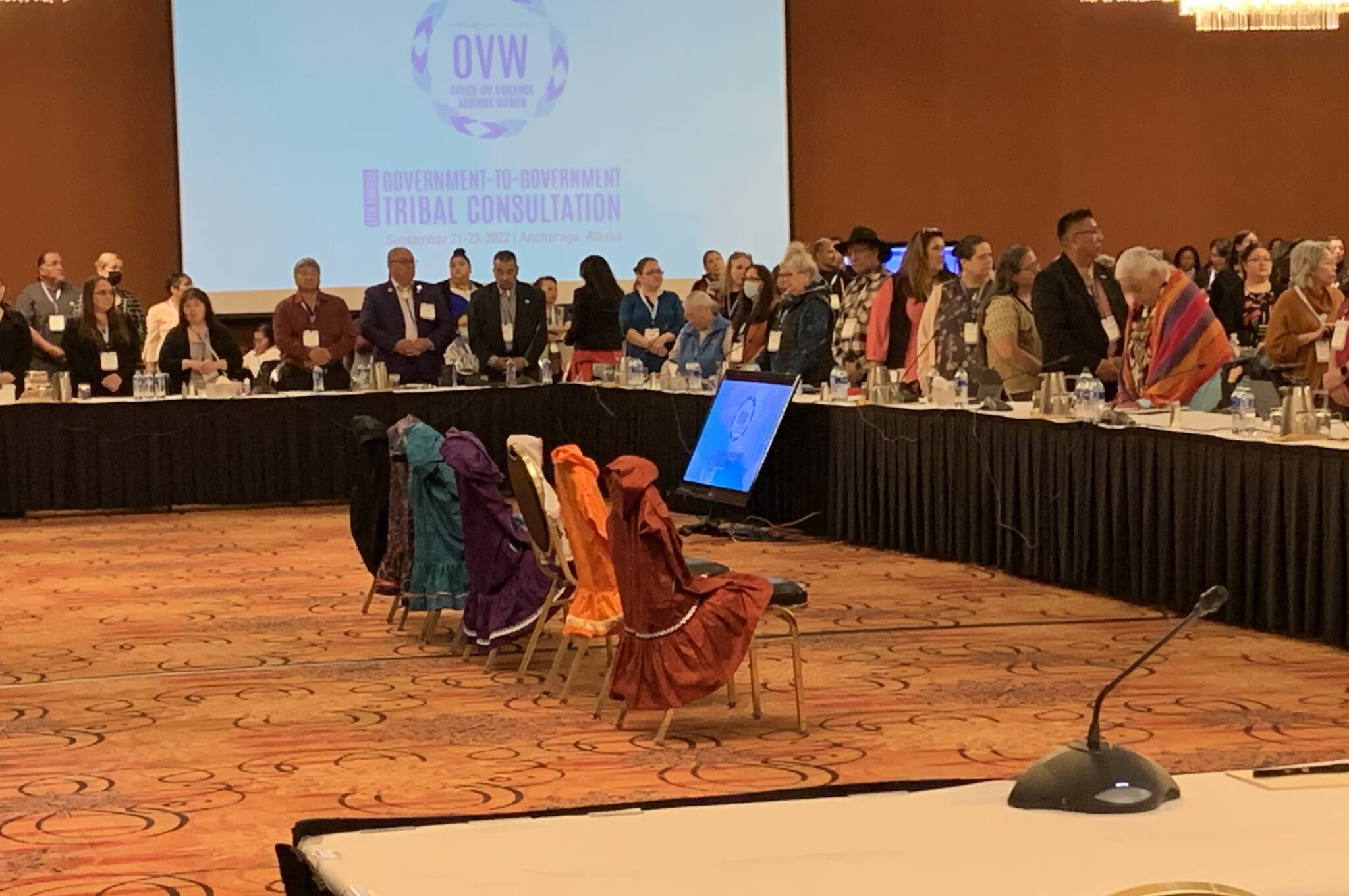 Attendees of a government-to-government consultation look on as kuspuks were displayed during the Violence Against Women Tribal Consultation held this week in Anchorage. (Courtesy Photo / Lisa Houghton)