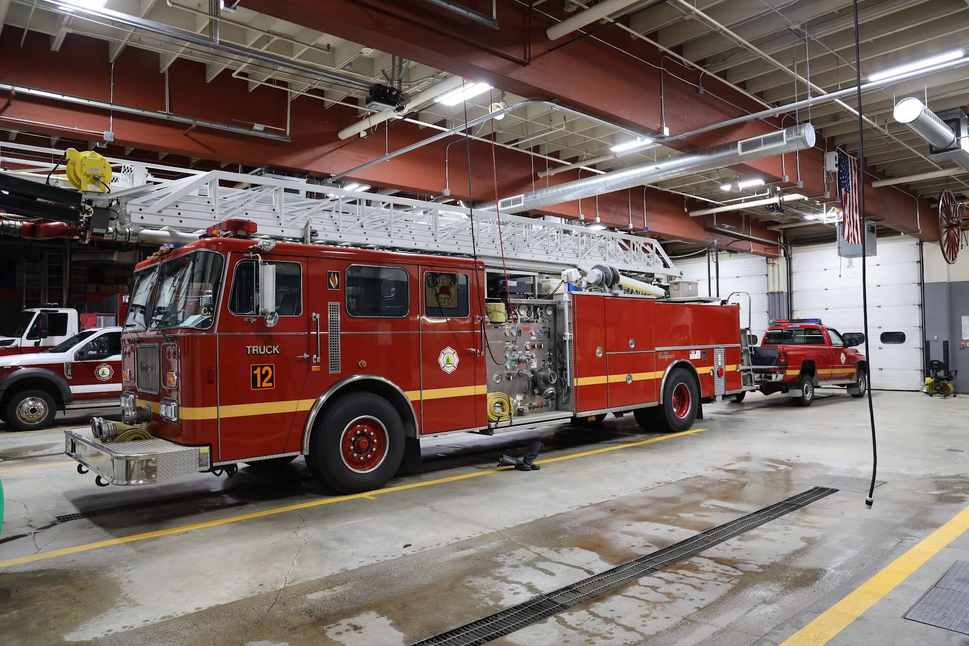 A firetruck sits in CCFR Station 1 where CCFR is staging residents who were asked to evacuate. (Clarise Larson / Juneau Empire)