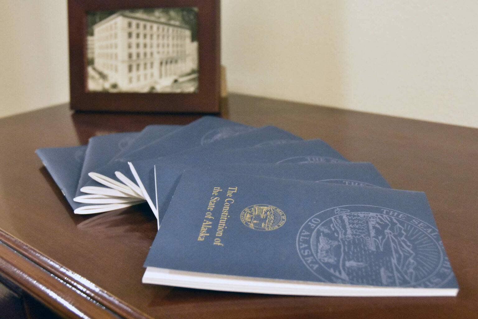 This photo shows a stack of pocket constitutions at the Alaska State Capitol.  (Peter Segall / Juneau Empire File)