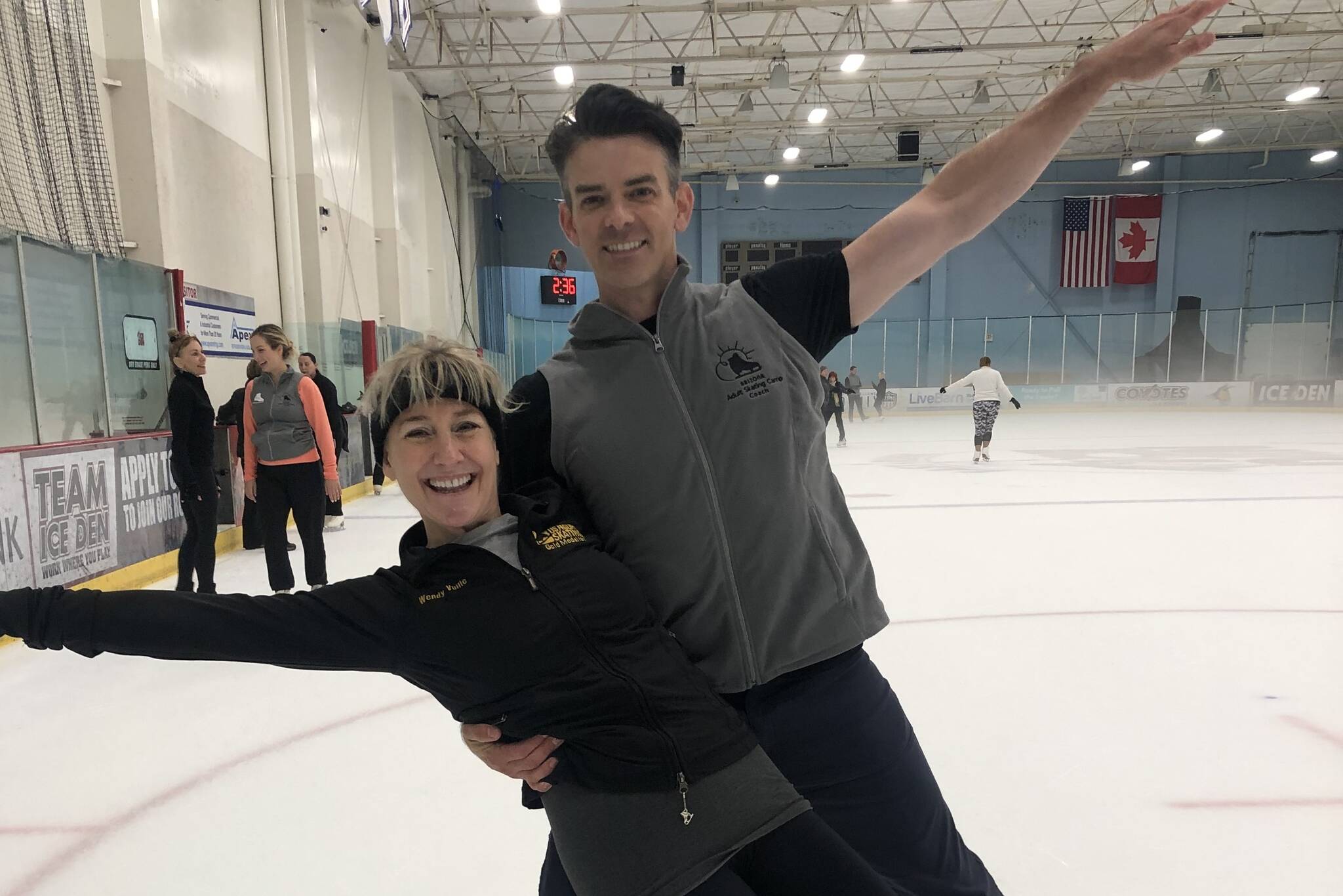 Wendy Vuille poses with skater Brendyn Hatfield at the Arizona Adult Skating Camp. (Courtesy Photo / Wendy Vuille)