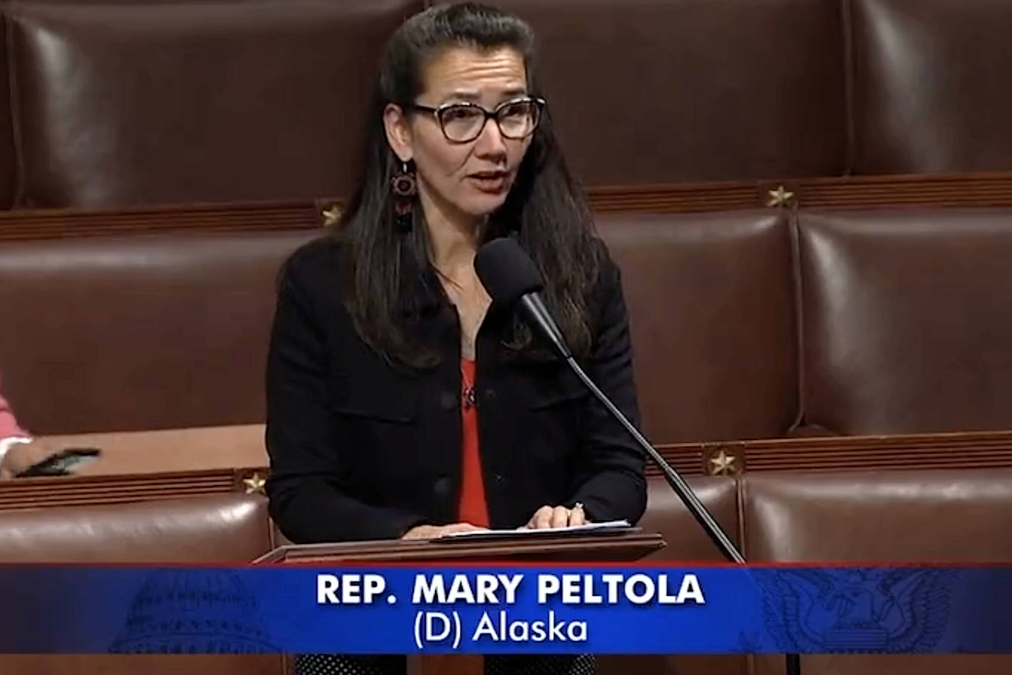 Rep. Mary Peltola, an Alaska Democrat, delivers a speech on the U.S. House floor before Thursday’s vote approving her first bill, establishing an Office of Food Security in the Department of Veterans Affairs. It passed the House by a 376-49 vote, although its fate in the Senate is undetermined. (Screenshot from official U.S. House video)