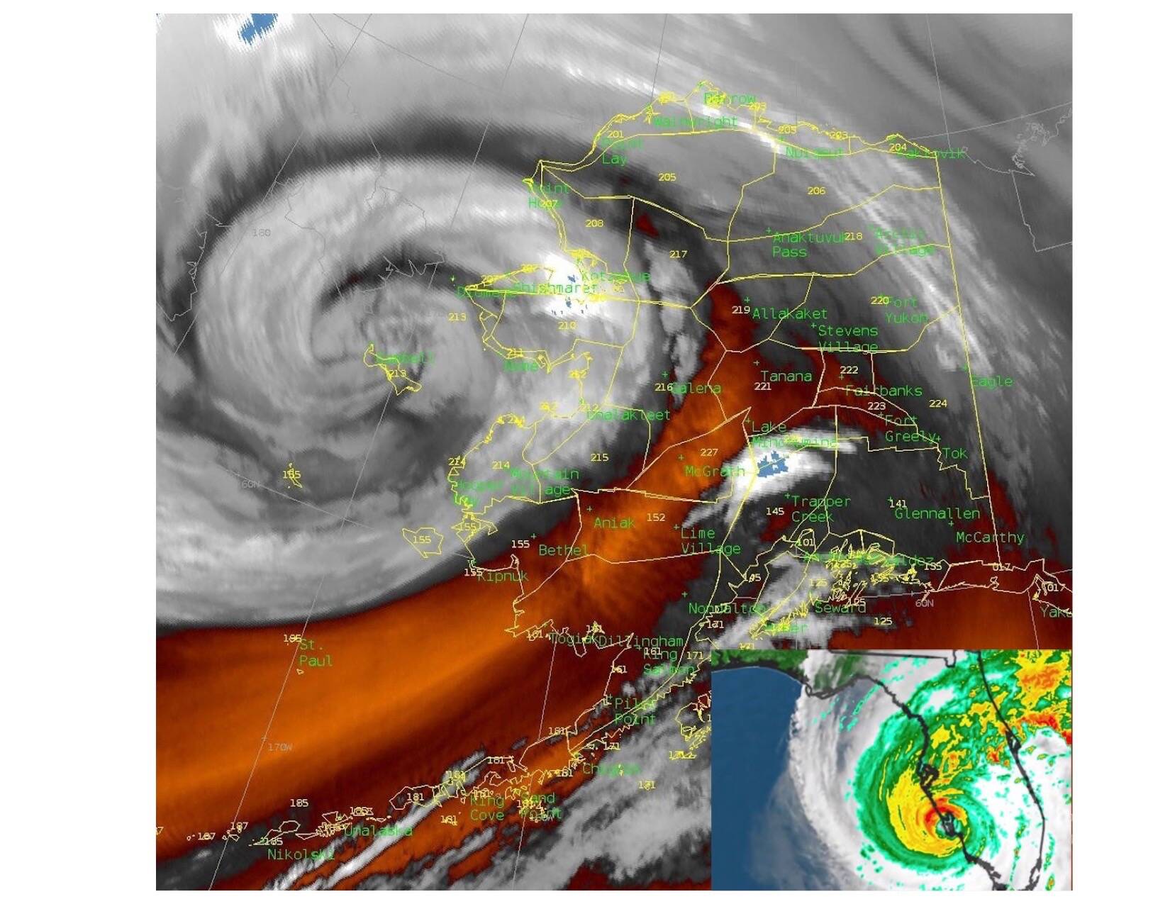 The storm named Merbok as it encountered the western Alaska coast on Sept. 17, 2022, compared to Hurricane Ian as it bore down on Florida on Sept. 28, 2022. Both states are sized to scale. (National Weather Service)
