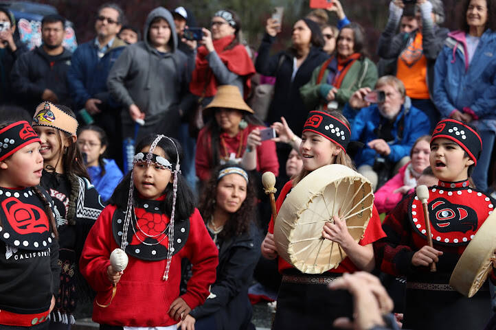Children from the Tlingit Culture Language and Literacy Dance group dance and drum during the two-hour ceremony. (Clarise Larson / Juneau Empire)