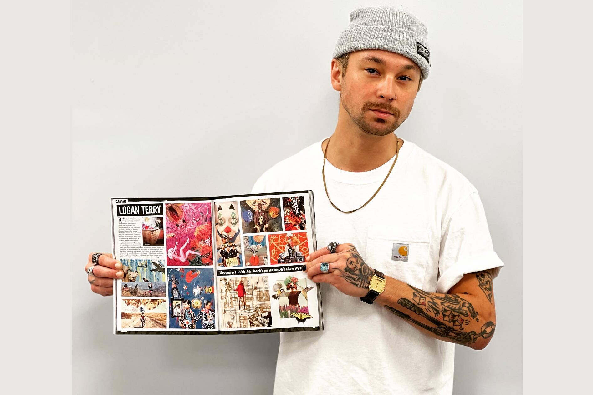 Alaska Native artist Logan Terry holds the latest edition of Thrasher Magazine, displaying the spread of his work as a featured artist for the month. (Courtesy Photo / Patrick Vanpool)