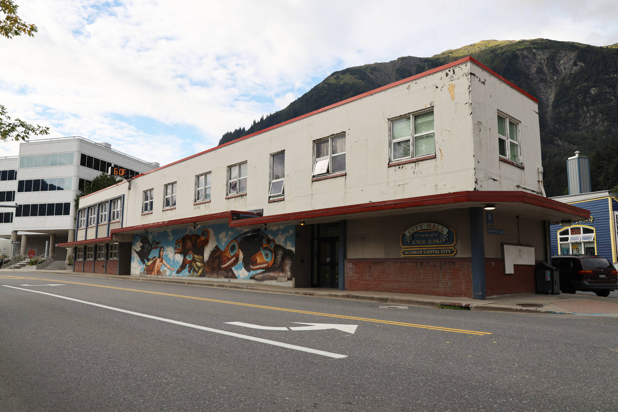 This photo shows the City and Borough of Juneau City Hall. A ballot proposition that would fund construction of a new City Hall saw a nearly 50-50 split of the vote in unofficial results shared Tuesday night. (Ben Hohenstatt / Juneau Empire)