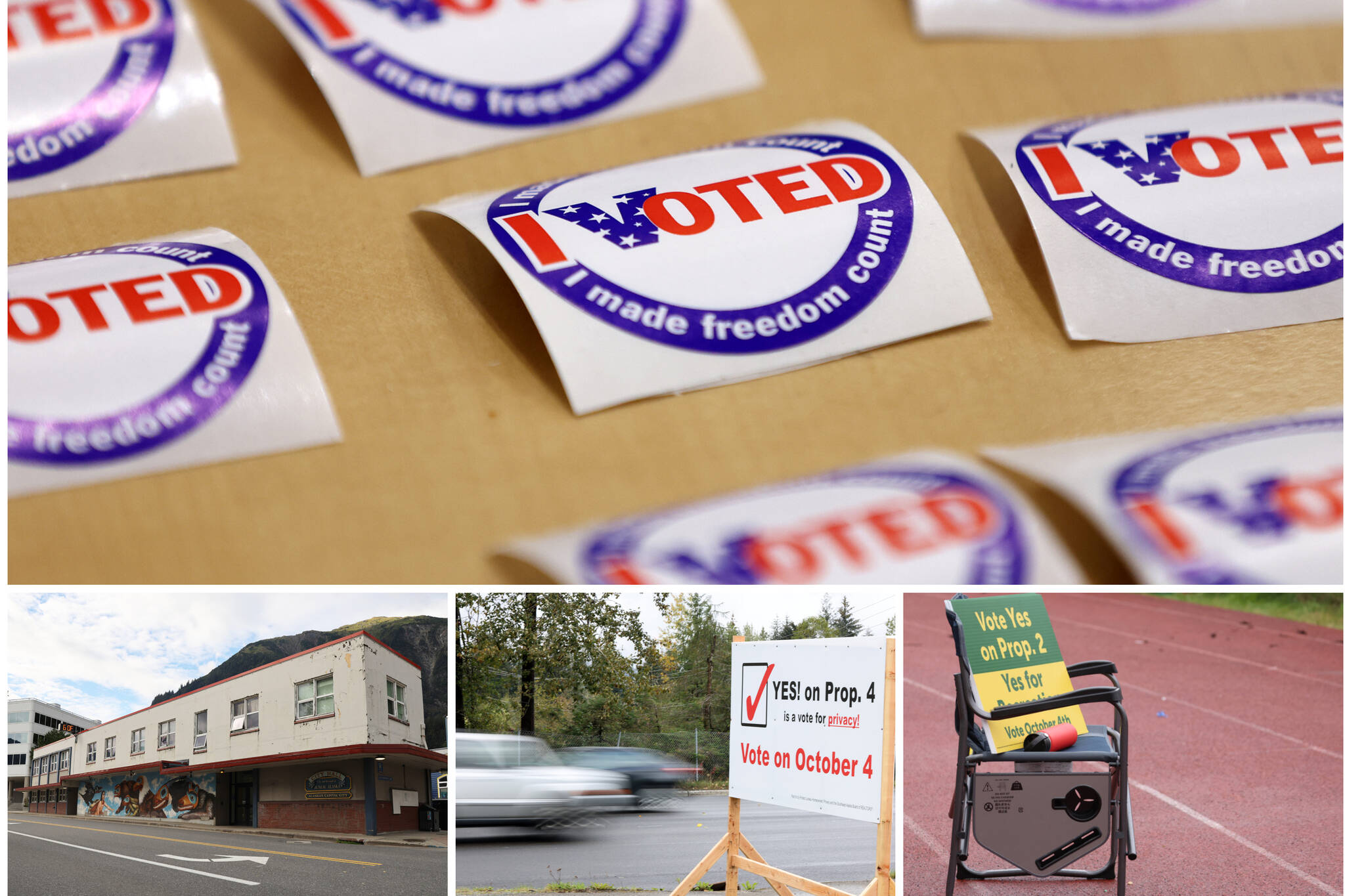 An array of I Voted stickers lie on a table at the Mendenhall Valley Public Library on Tuesday, Oct. 4, 2022. Election Day votes were not among the ballots tallied in unofficial results released late Tuesday night. A photo shows the City and Borough of Juneau City Hall. A ballot proposition that would fund construction of a new City Hall saw a nearly 50-50 split of the vote in unofficial results shared Tuesday night. Cars drive past a sign encouraging voters to support Proposition 4, which would repeal a local ordinance requiring the disclosure of the sales price of real property. The proposition was heavily supported by local Realtors. Signs encouraging voters to support Proposition 2, which would OK $6.6 million in bond debt for recreation improvements, sit in a chair on the track at Adair-Kennedy Memorial Park ahead of a football game. Upgrading the track is among the projects Prop 2 would fund.