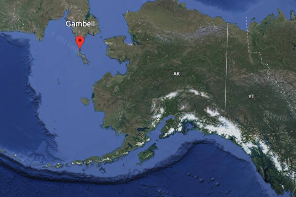 This screenshot of Google Earth shows Gambell, Alaska. Alaska’s senators, Republicans Lisa Murkowski and Dan Sullivan, on Thursday said Russian asylum seekers landed at a beach near the town of Gambell. The Russians said they fled the country to avoid compulsory military service. (Screenshot)