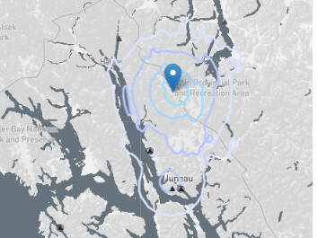 This screenshot of an Alaska Earthquake Center map shows the intensity of a Monday afternoon magnitude 3.8 earthquake about 51 miles north of Juneau.
