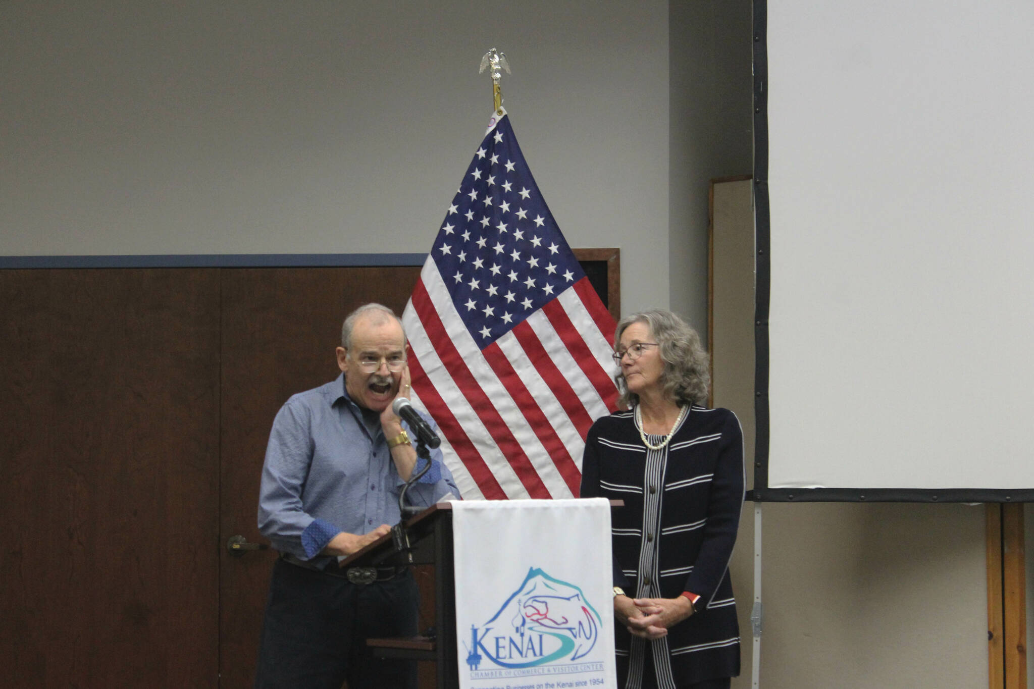 Bob Bird (left) and Lisa Parker (right) participate in a Constitutional Convention Forum at the Kenai Chamber of Commerce and Visitor Center on Wednesday, Oct. 12, 2022 in Kenai, Alaska. (Ashlyn O'Hara/Peninsula Clarion)