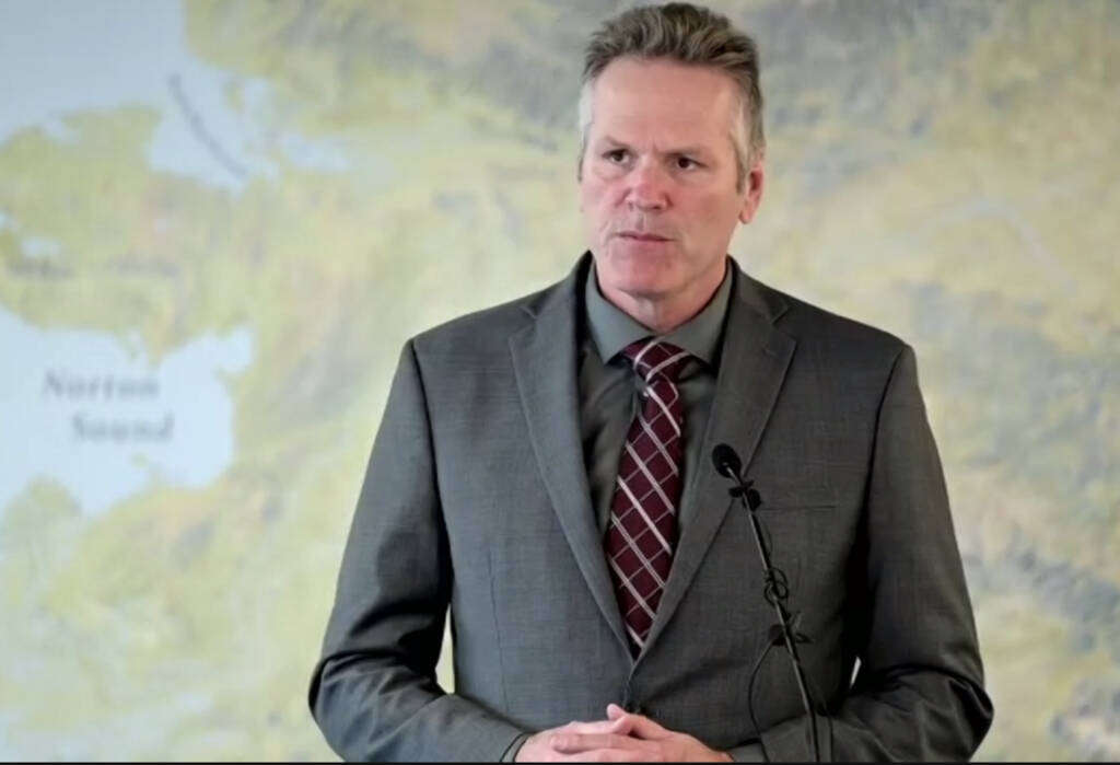 Gov. Mike Dunleavy is seen in a screenshot of a news conference on Monday, Oct. 17, 2022, in Anchorage. Dunleavy said that if reelected, he will seek to raise the prison sentence for dealing illegal drugs that result in a death. (Screenshot)